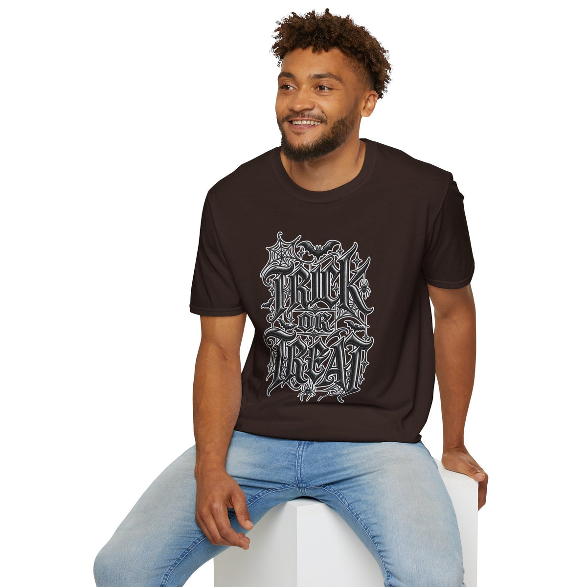 Funny Trick or Treat Gothic Blackletter Shirt | Edgy Spider Web Typography Tee | Minimalist Halloween T-Shirt