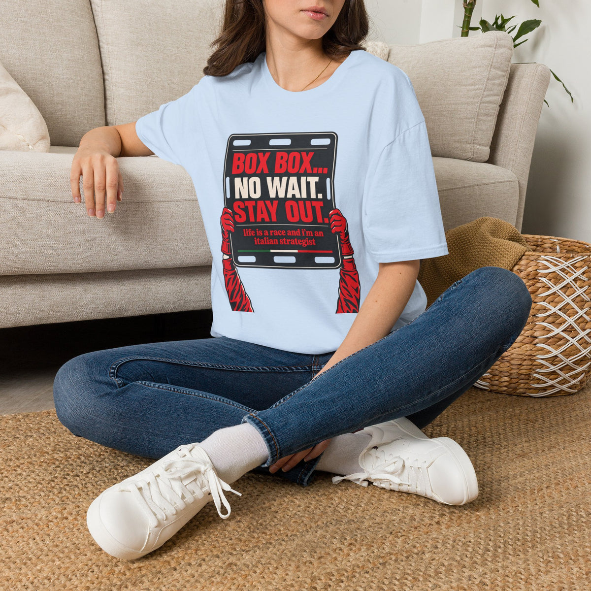 Funny Racing T-Shirt Box Box No Wait Stay Out Italian Strategist Motorsport Fan Shirt Unisex Softstyle Tee Race Day Gift