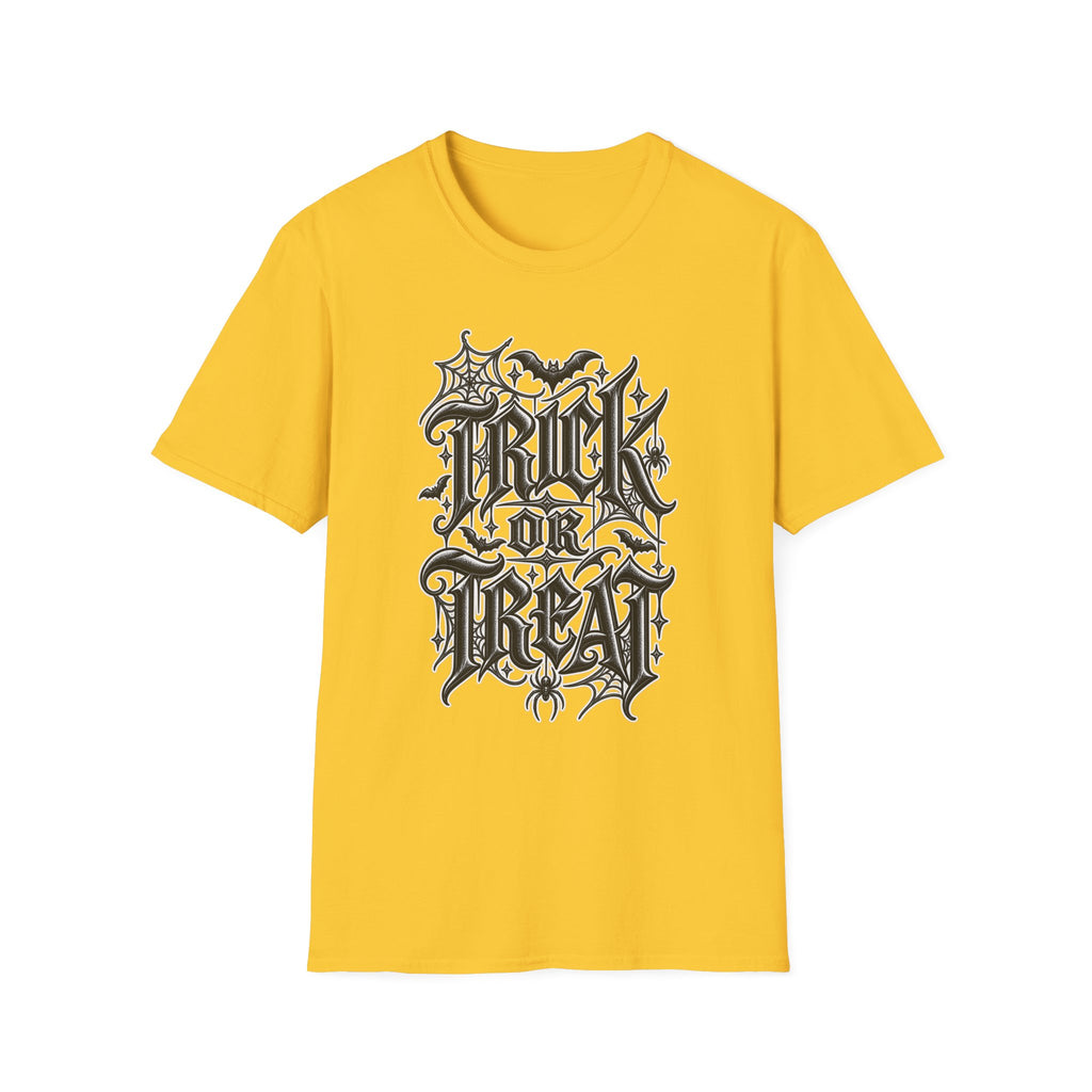 Funny Trick or Treat Gothic Blackletter Shirt | Edgy Spider Web Typography Tee | Minimalist Halloween T-Shirt