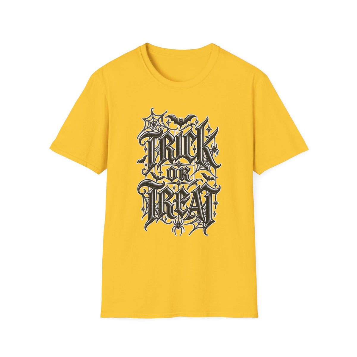 Funny Trick or Treat Gothic Blackletter Shirt | Edgy Spider Web Typography Tee | Minimalist Halloween T-Shirt
