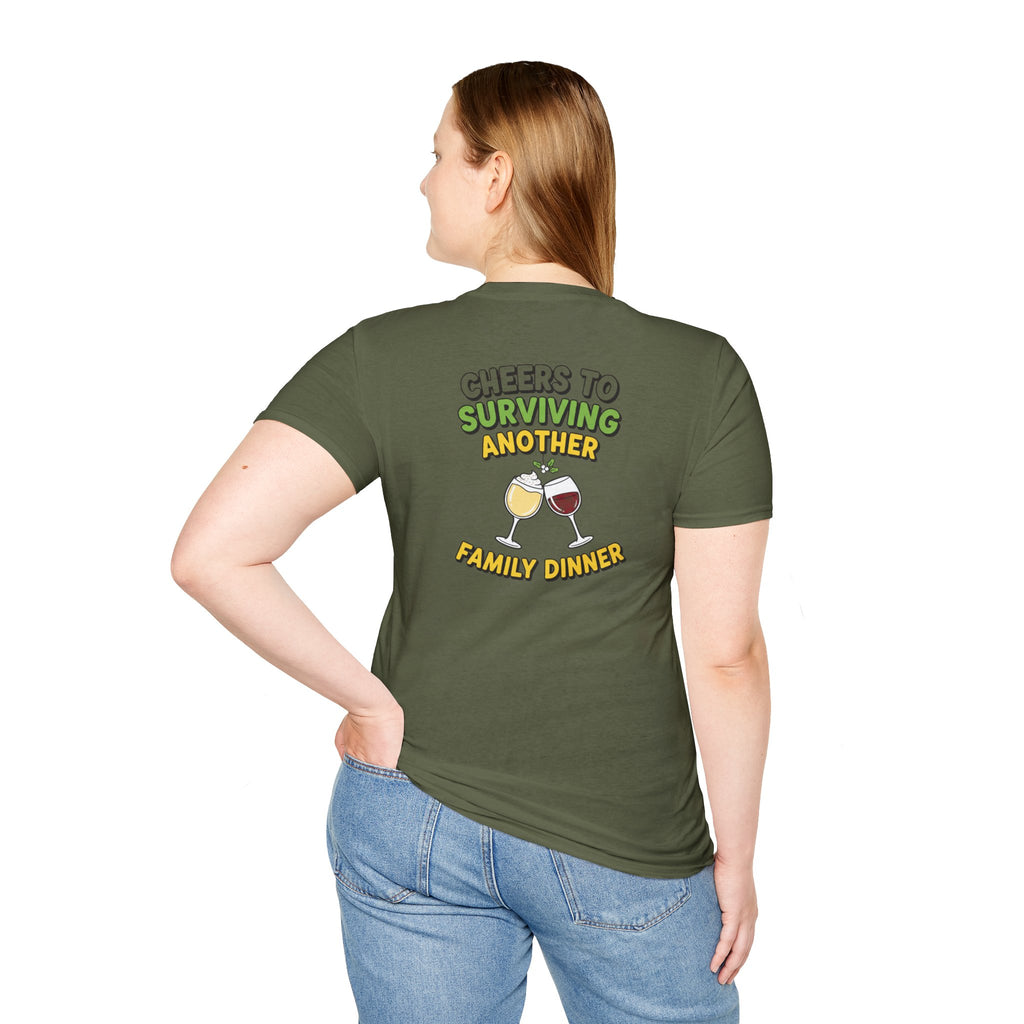Dark Humor Christmas Shirt Cheers To Surviving Another Family Dinner Funny Sarcastic Unisex Softstyle Tee Adult Christmas Gift