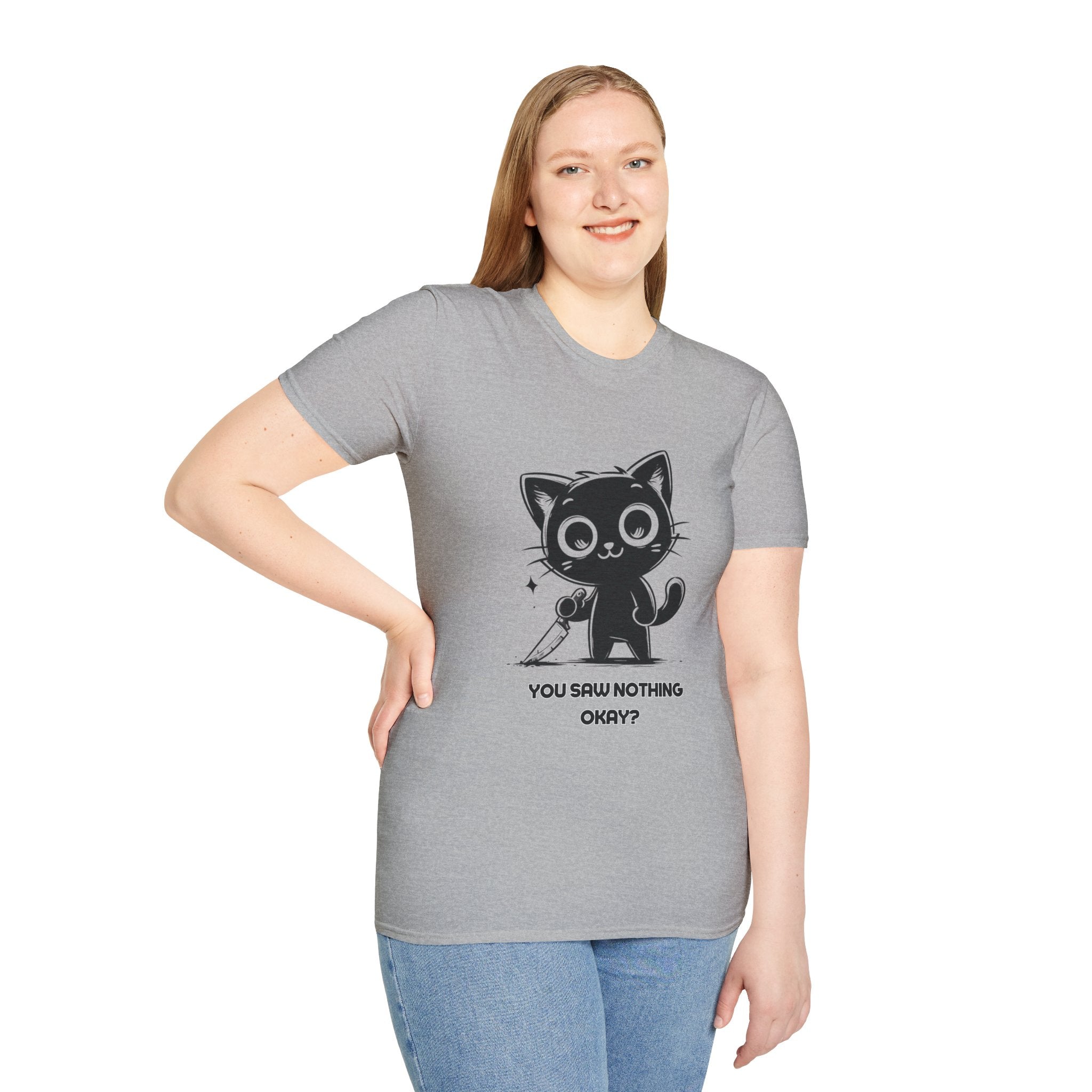 Women's and Men's Funny Cat T-shirt you saw nothing cat with bloody knife Halloween tee Soft Unisex Tshirt Gift for Her