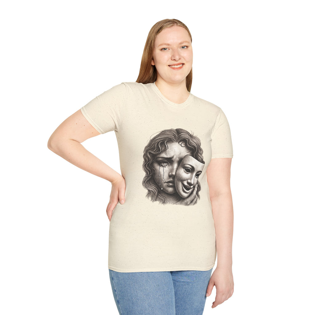 Crying Woman Mask Art T-Shirt | Hidden Emotions Sketch Graphic Tee Unisex Unisex Softstyle T-Shirt