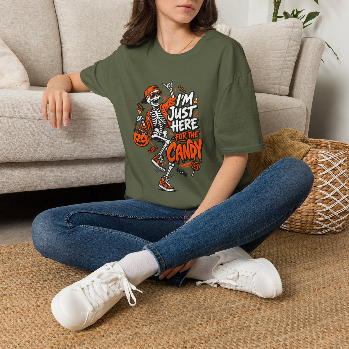 I'm Just Here for the Candy Shirt | Funny Dancing Skeleton Halloween Tee | Dark Humor Graphic T-Shirt