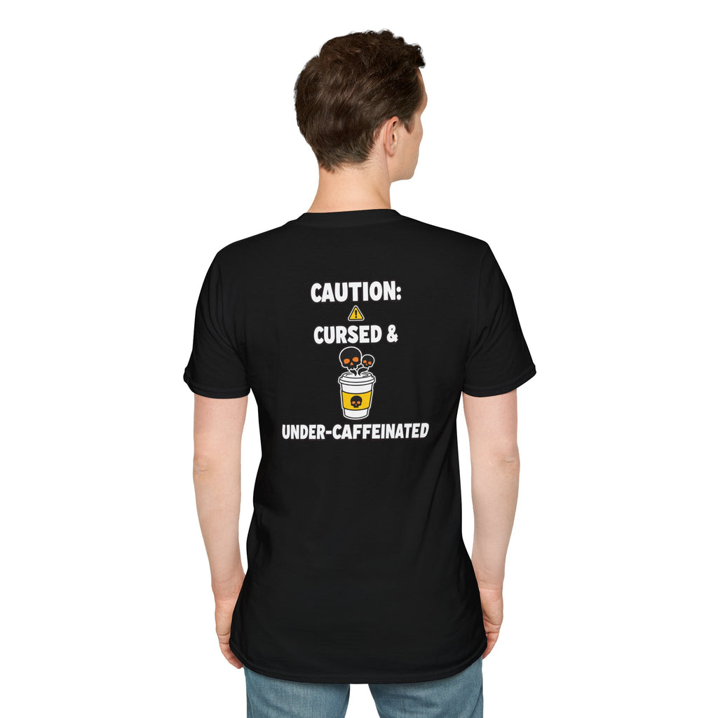 Dark Humor Halloween Shirt Caution Cursed And Under Caffeinated Funny Coffee Sarcastic Unisex Softstyle Tee Adult Halloween Gift