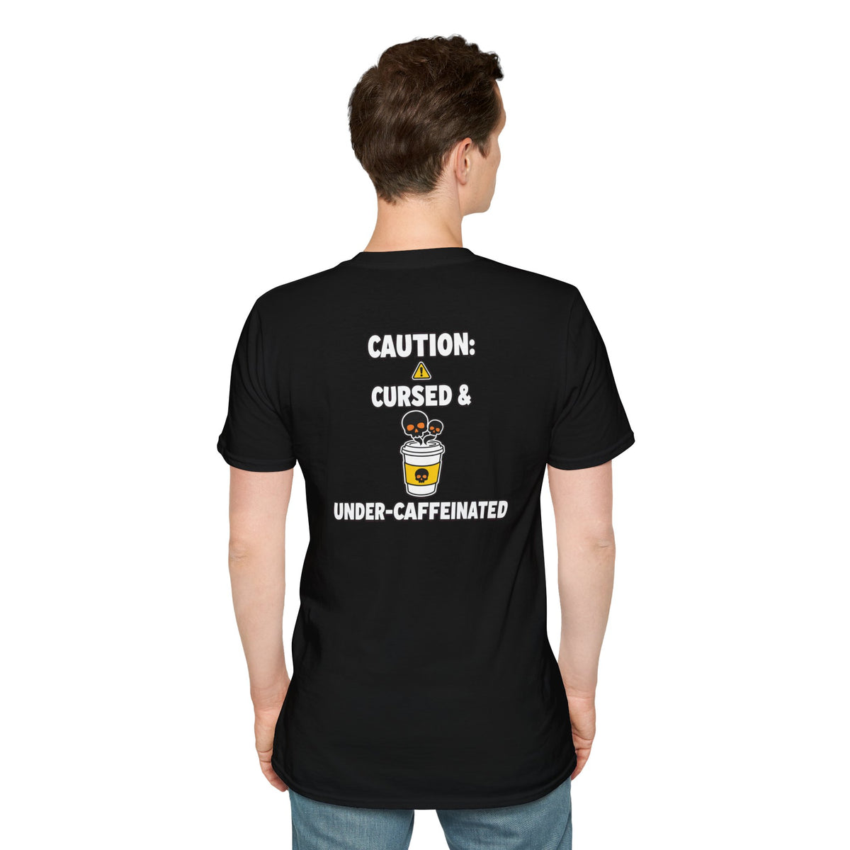 Dark Humor Halloween Shirt Caution Cursed And Under Caffeinated Funny Coffee Sarcastic Unisex Softstyle Tee Adult Halloween Gift