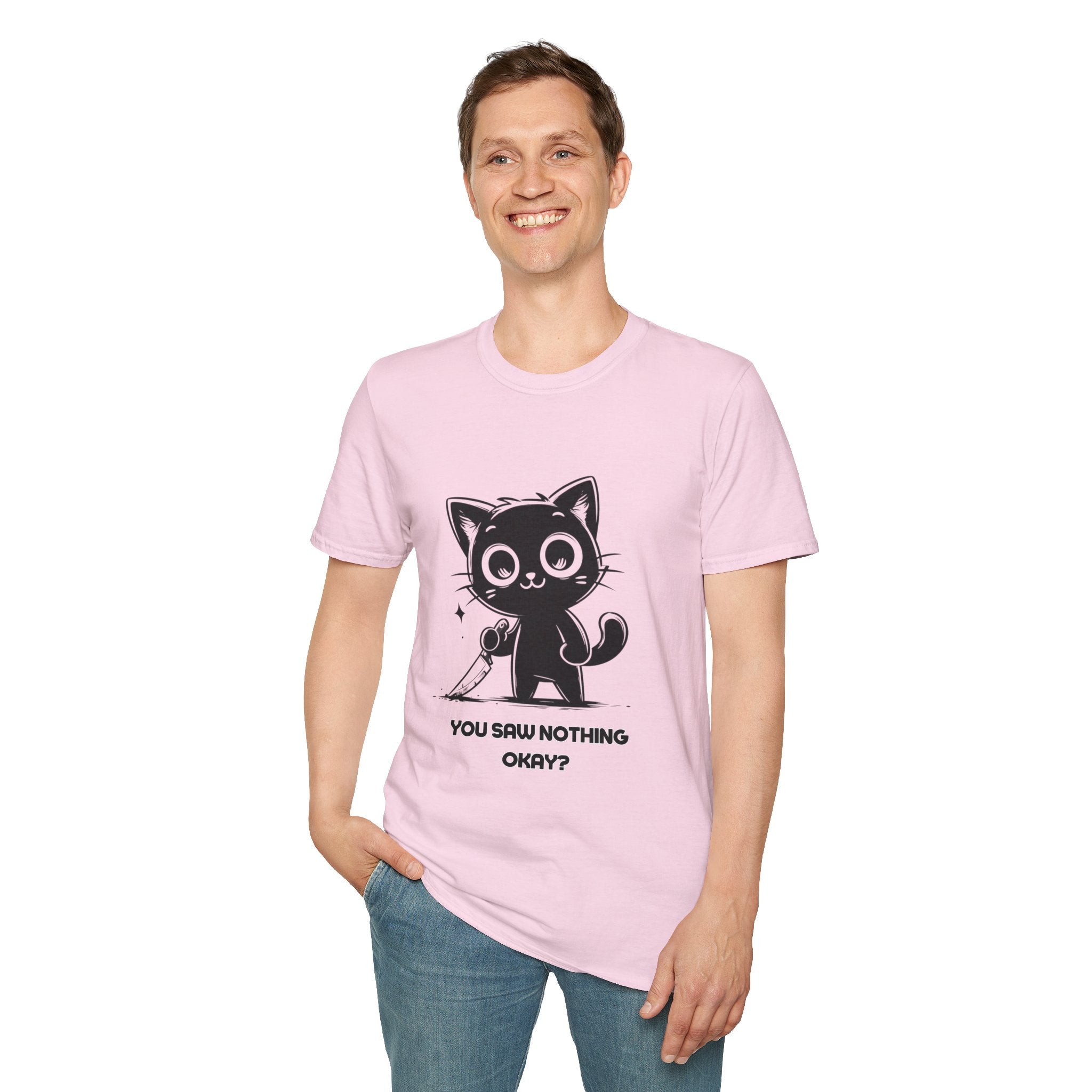 Women's and Men's Funny Cat T-shirt you saw nothing cat with bloody knife Halloween tee Soft Unisex Tshirt Gift for Her