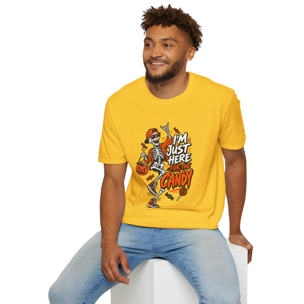 I'm Just Here for the Candy Shirt | Funny Dancing Skeleton Halloween Tee | Dark Humor Graphic T-Shirt