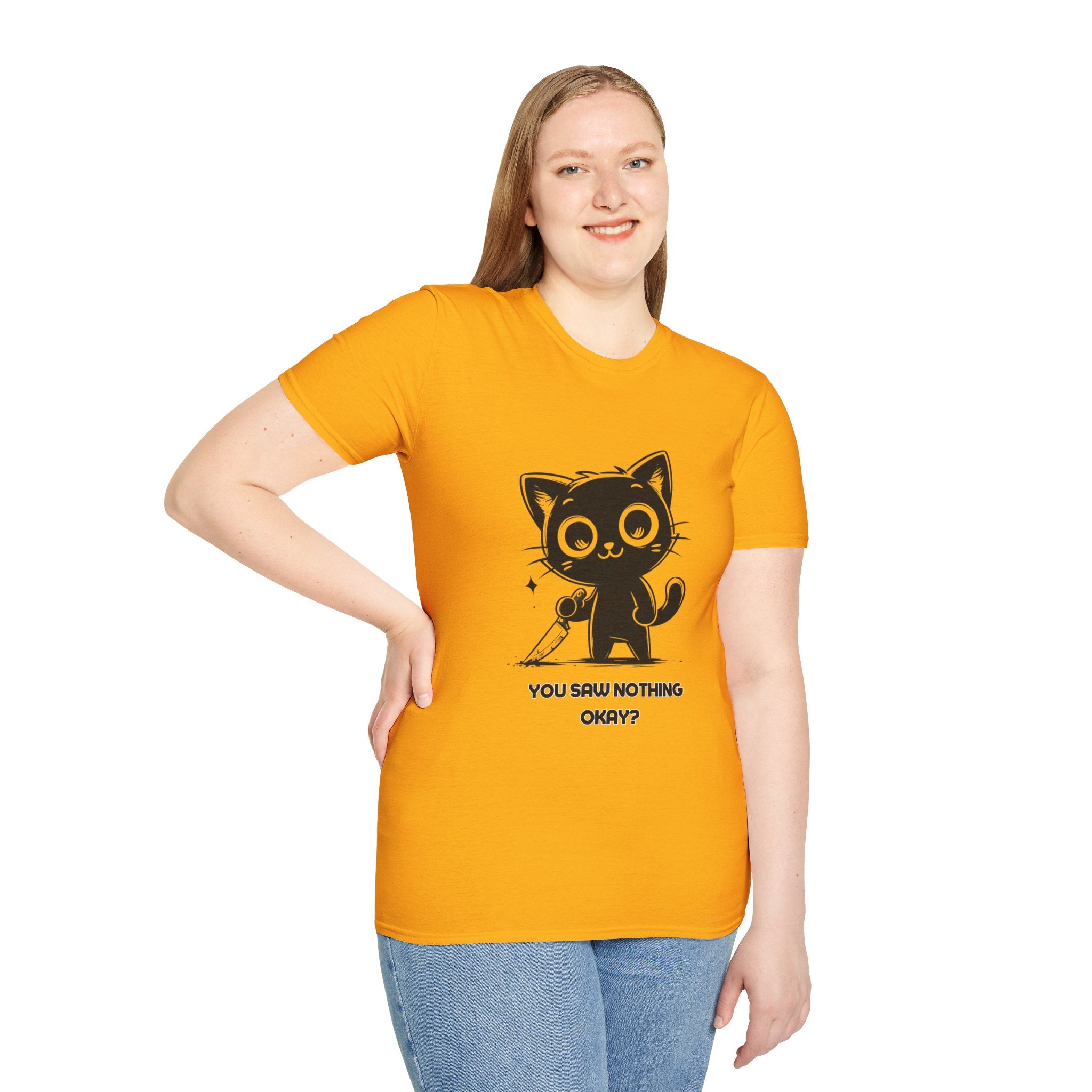 Women's and Men's Funny Cat T-shirt you saw nothing cat with bloody knife Halloween tee Soft Unisex Tshirt Gift for Her