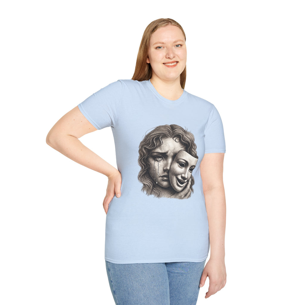 Crying Woman Mask Art T-Shirt | Hidden Emotions Sketch Graphic Tee Unisex Unisex Softstyle T-Shirt
