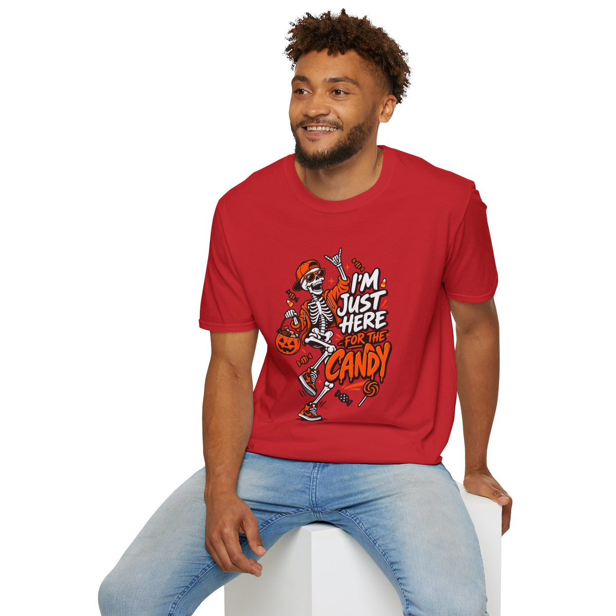 I'm Just Here for the Candy Shirt | Funny Dancing Skeleton Halloween Tee | Dark Humor Graphic T-Shirt