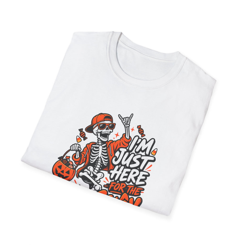 I'm Just Here for the Candy Shirt | Funny Dancing Skeleton Halloween Tee | Dark Humor Graphic T-Shirt