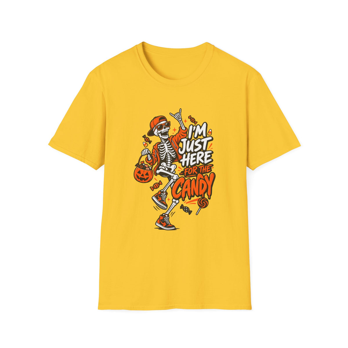 I'm Just Here for the Candy Shirt | Funny Dancing Skeleton Halloween Tee | Dark Humor Graphic T-Shirt