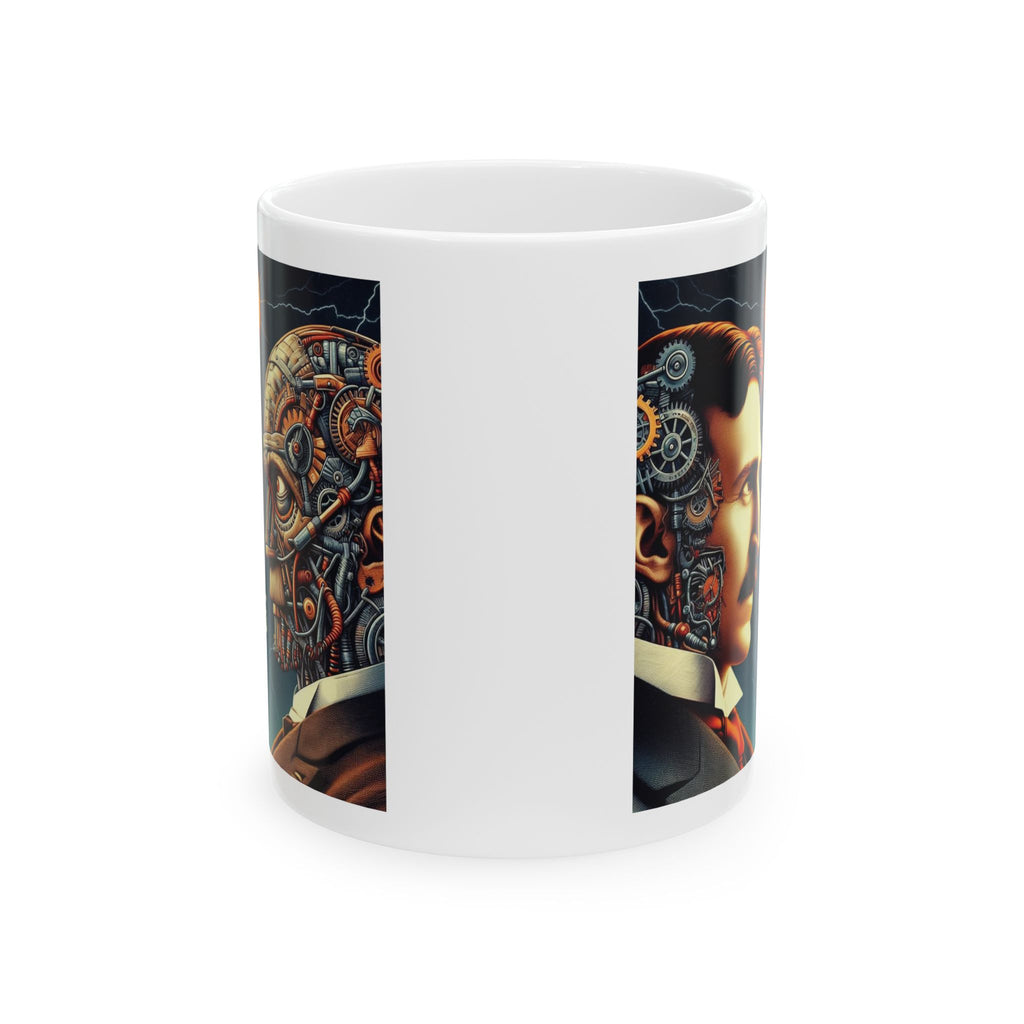 Funny Nikola Tesla vs Robot Mug Illustrated Ceramic Tea Coffee Cup Unique Gift 11oz