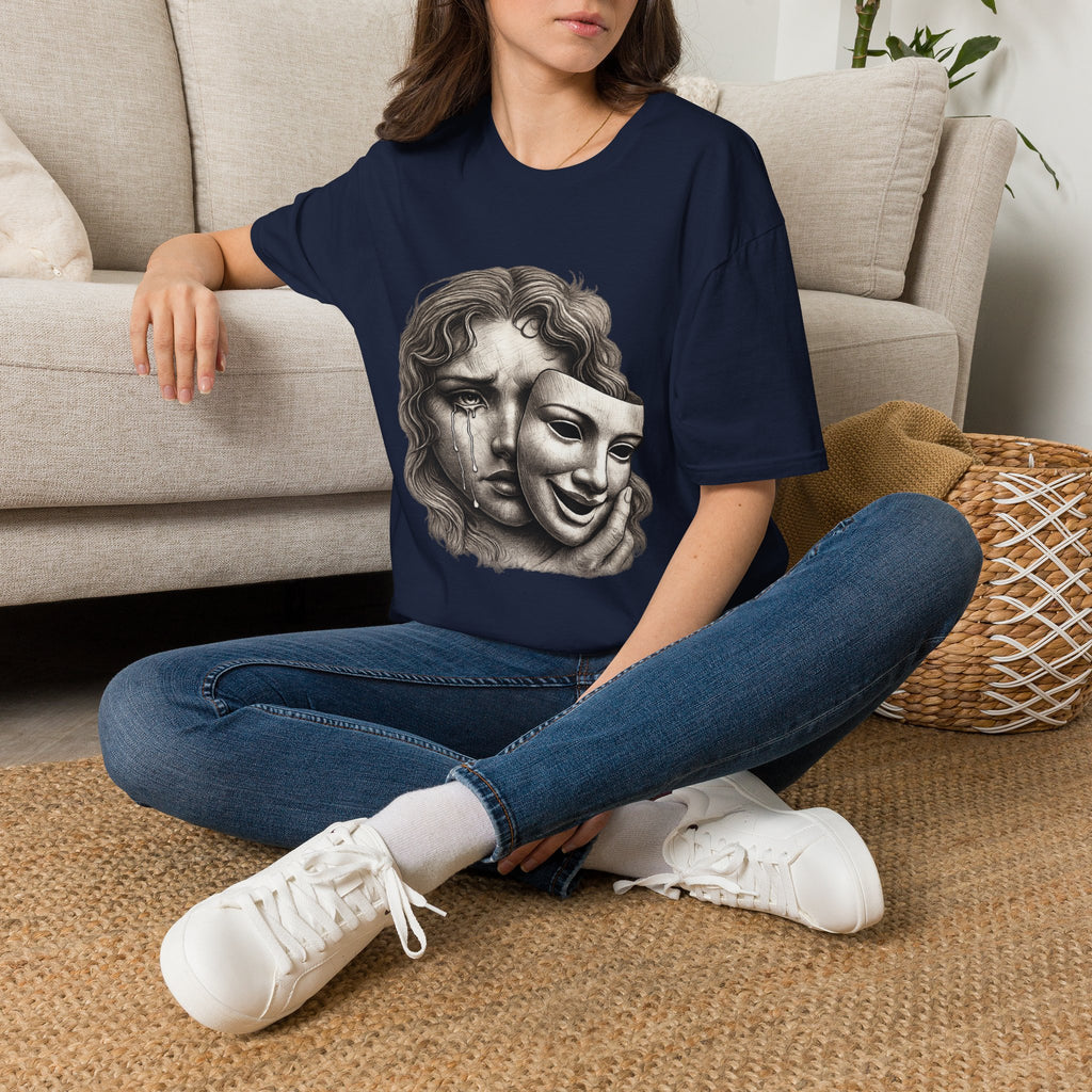 Crying Woman Mask Art T-Shirt | Hidden Emotions Sketch Graphic Tee Unisex Unisex Softstyle T-Shirt