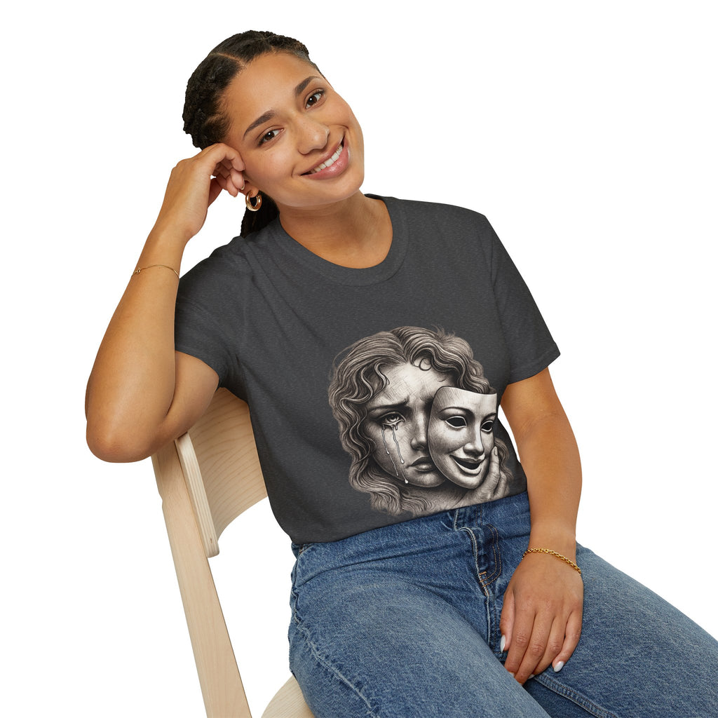 Crying Woman Mask Art T-Shirt | Hidden Emotions Sketch Graphic Tee Unisex Unisex Softstyle T-Shirt