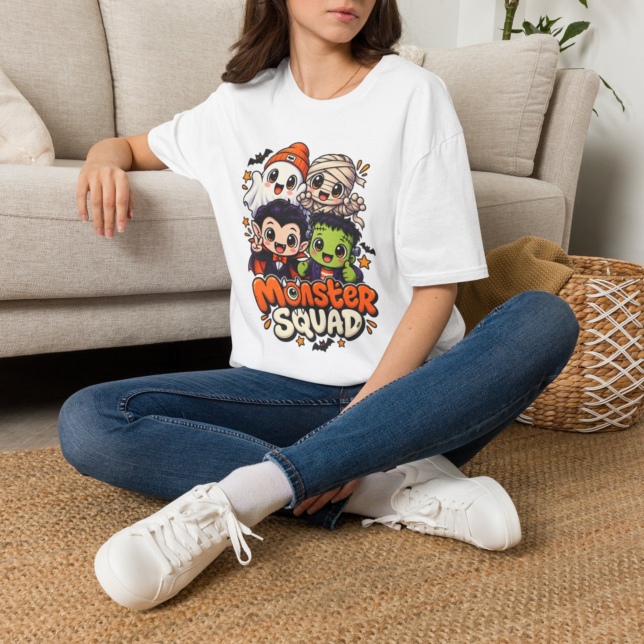 Cute kawaii Halloween monster squad tee with ghost, mummy, vampire and Frankenstein