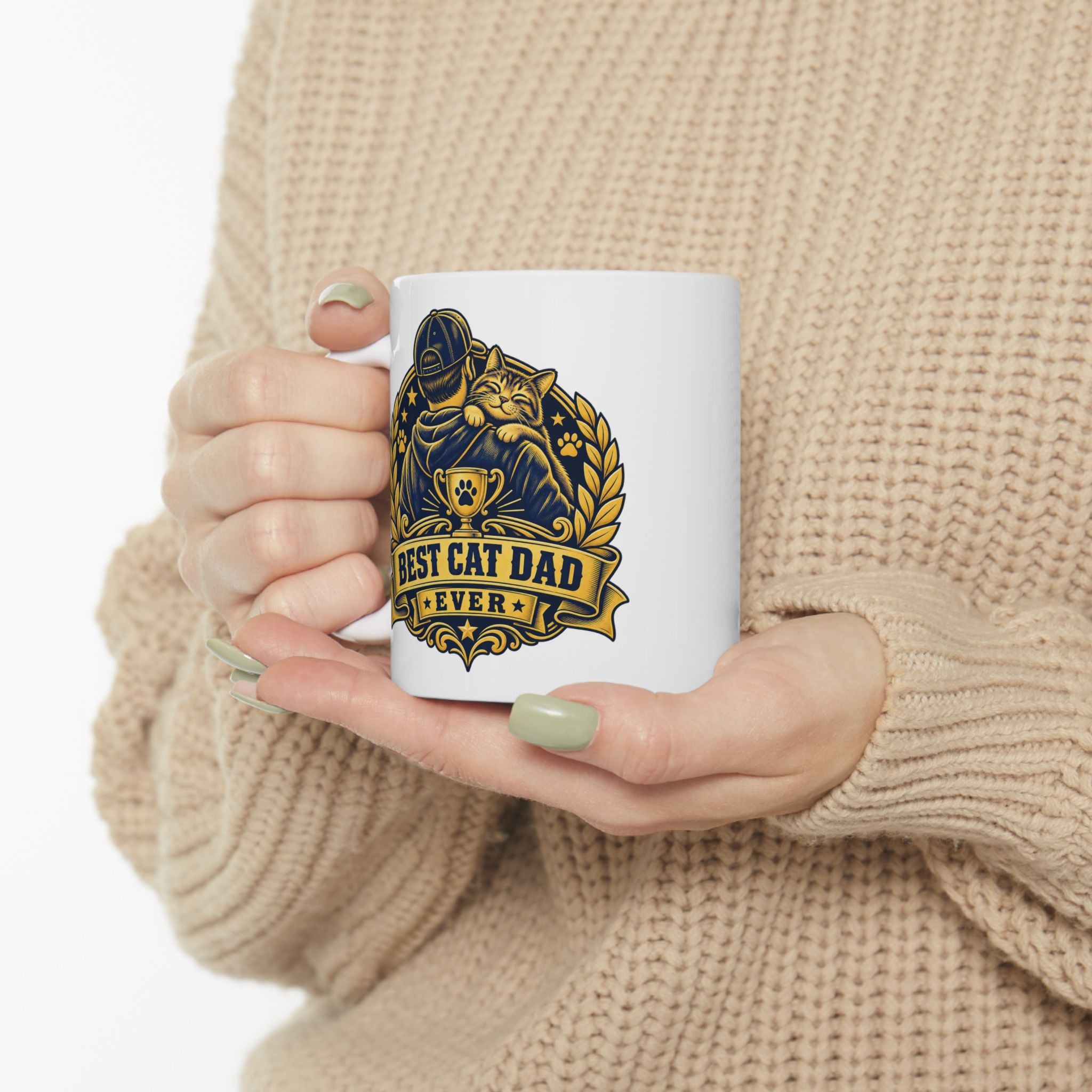 Best Cat Dad Ever Mug Vintage Trophy Badge Coffee Cup Gift Funny Coffee Mug