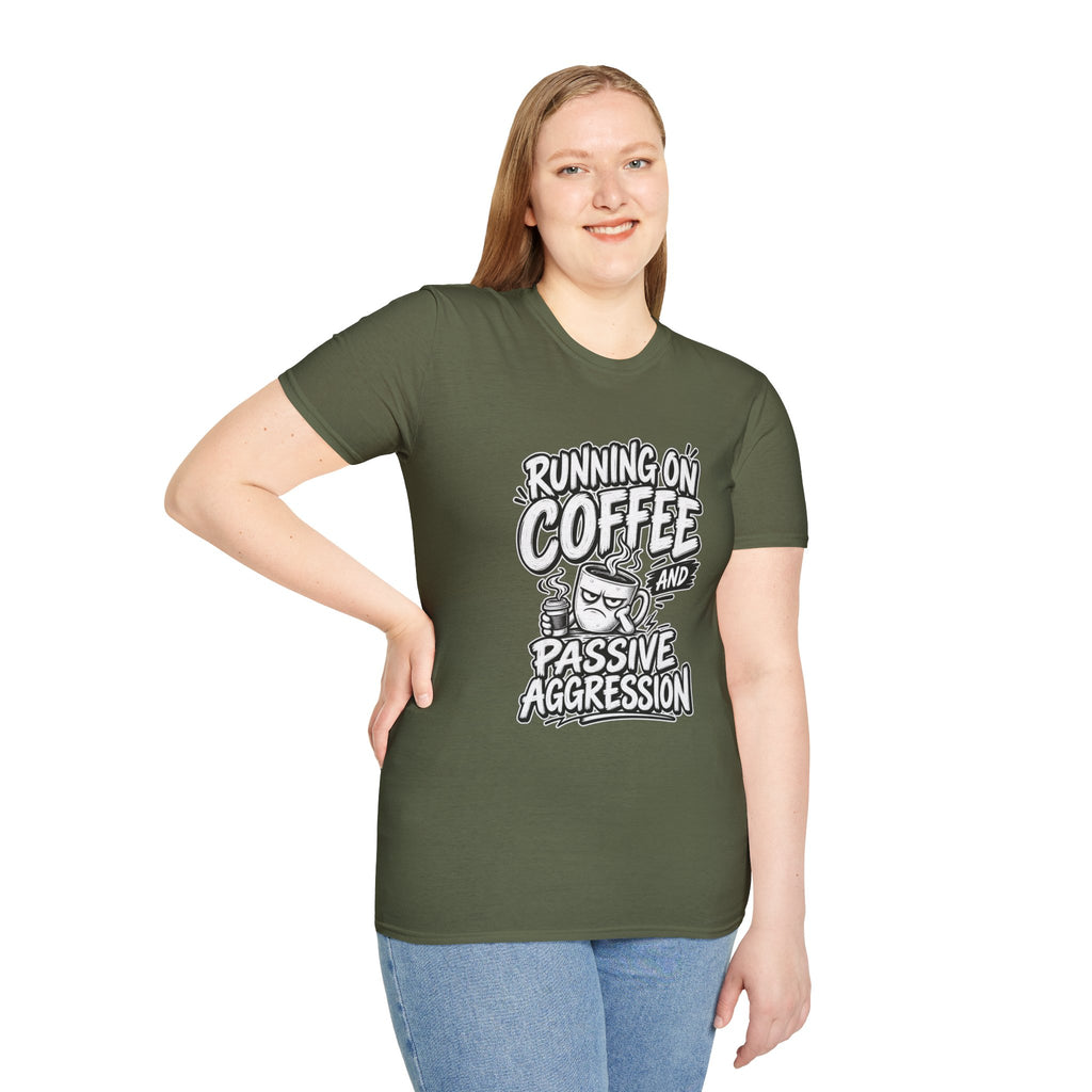 Funny Dark Humor Tshirt — Funny Office Tshirt Dark Humor Graphic Tee Unique Coworker Gift  RUNNING ON COFFEE AND PASSIVE AGGRESSION Shirt