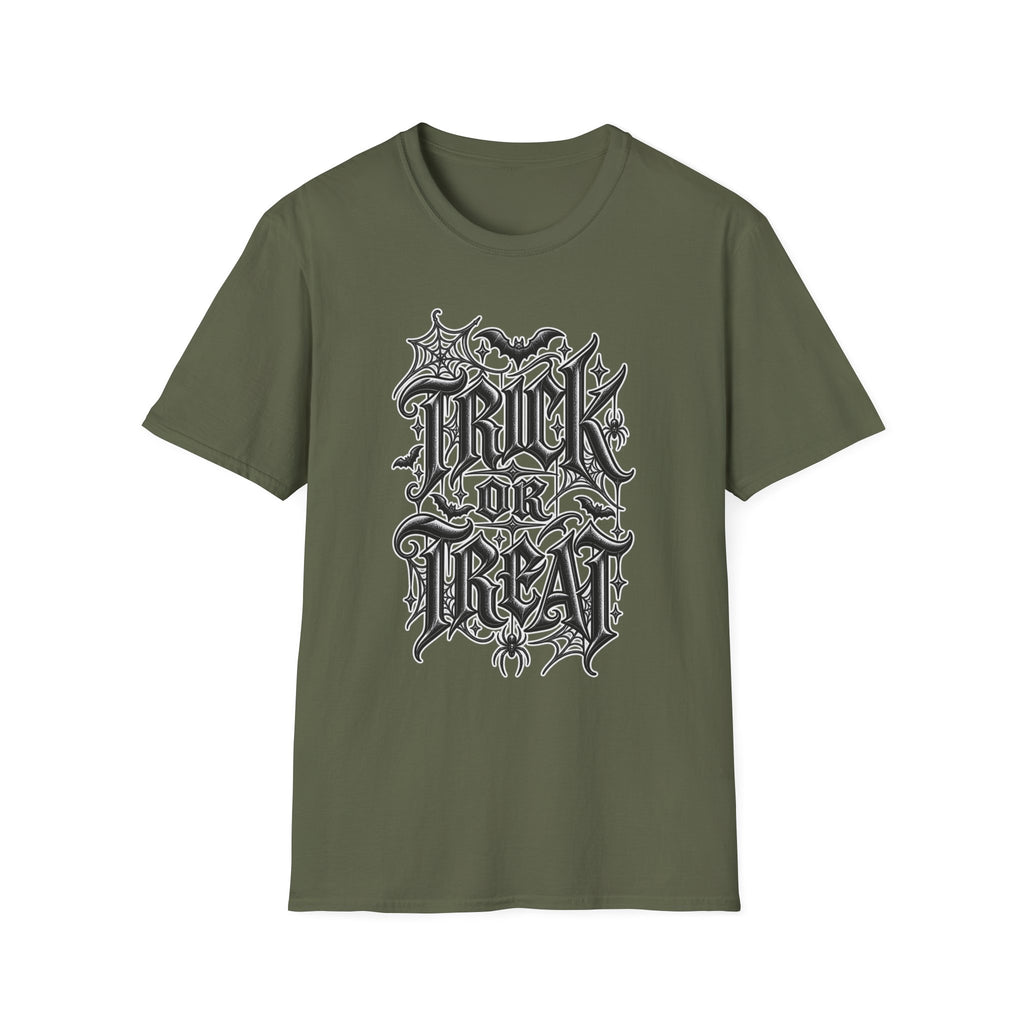 Funny Trick or Treat Gothic Blackletter Shirt | Edgy Spider Web Typography Tee | Minimalist Halloween T-Shirt