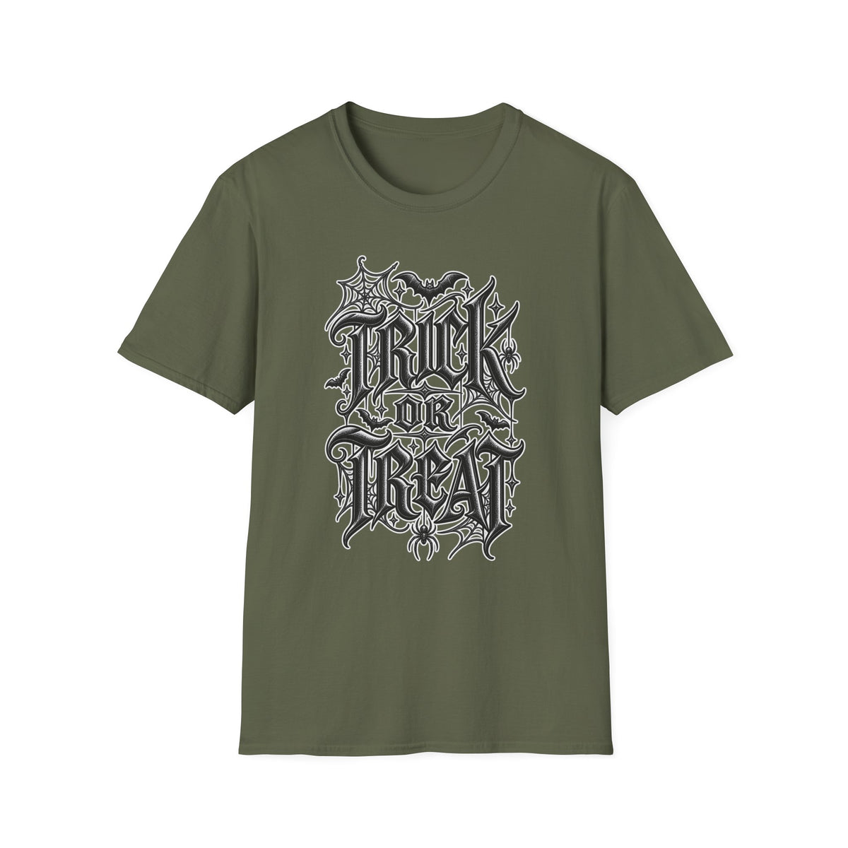 Funny Trick or Treat Gothic Blackletter Shirt | Edgy Spider Web Typography Tee | Minimalist Halloween T-Shirt