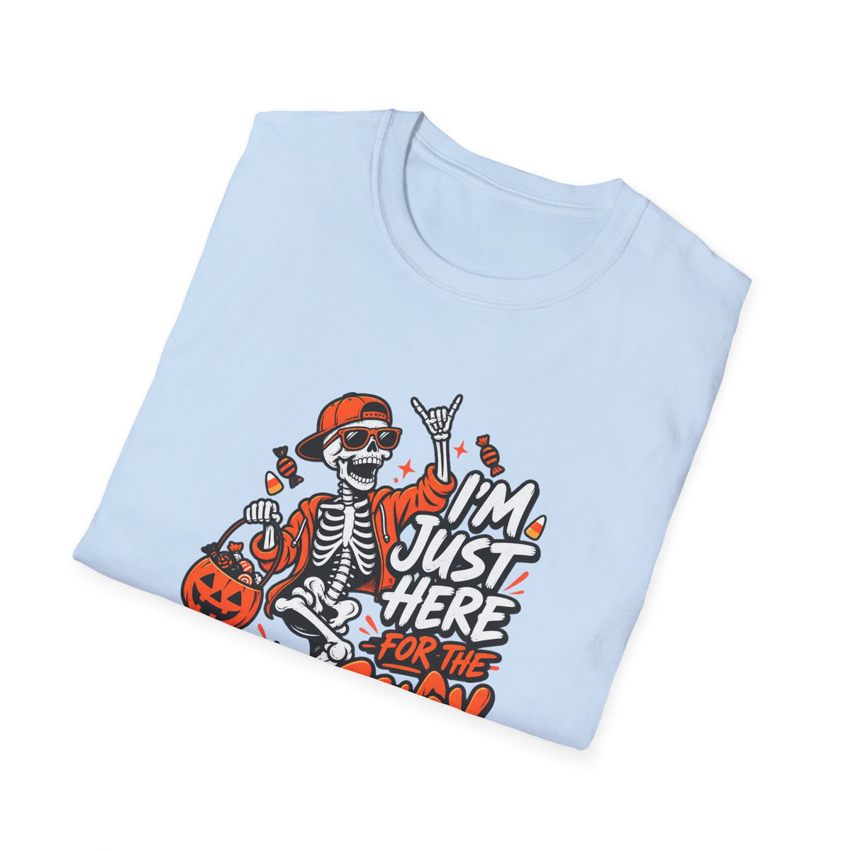 I'm Just Here for the Candy Shirt | Funny Dancing Skeleton Halloween Tee | Dark Humor Graphic T-Shirt