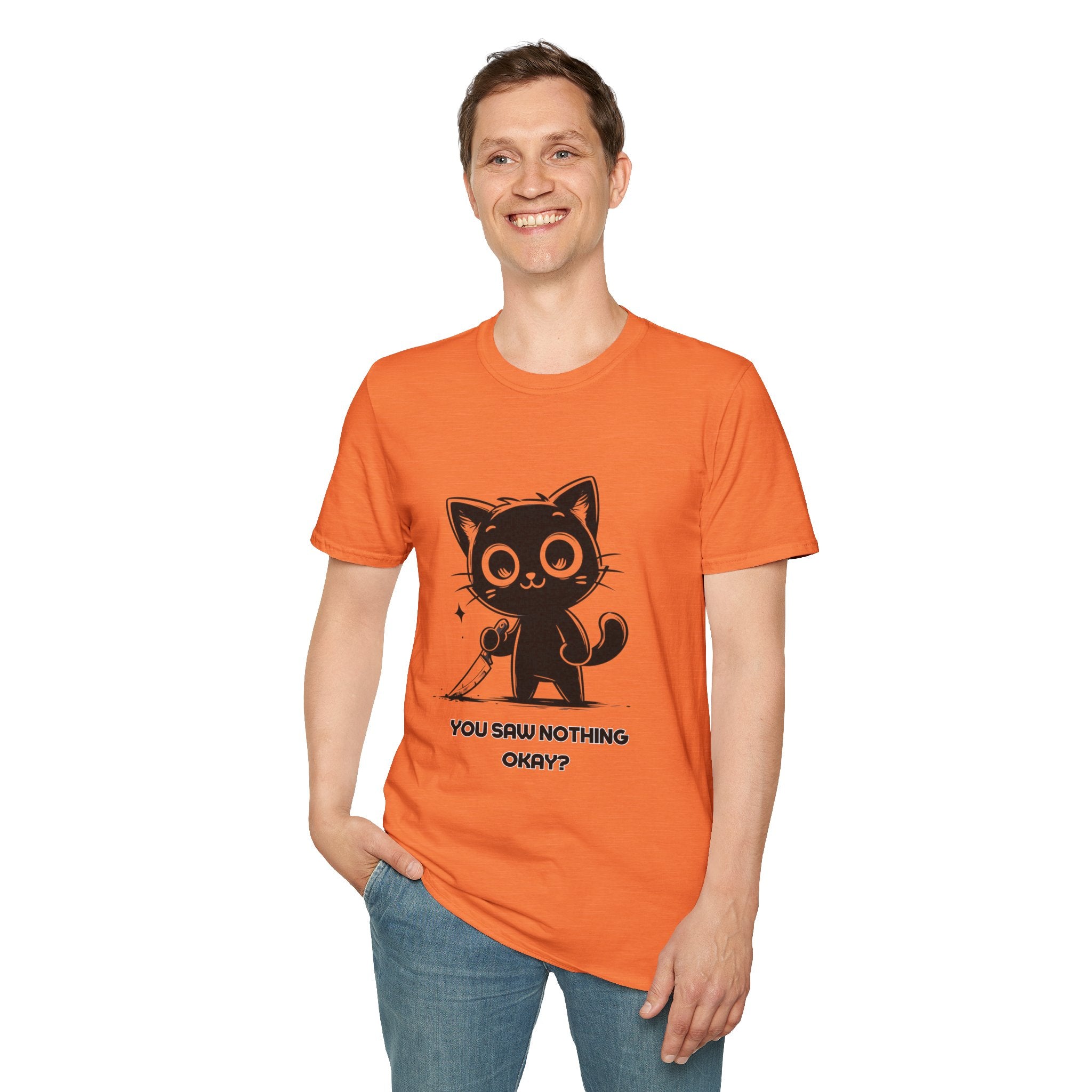 Women's and Men's Funny Cat T-shirt you saw nothing cat with bloody knife Halloween tee Soft Unisex Tshirt Gift for Her