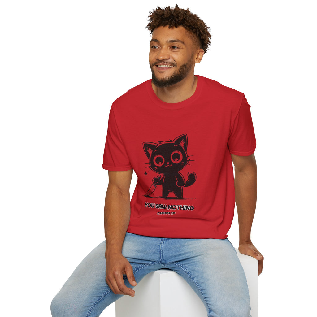 Women's and Men's Funny Cat T-shirt you saw nothing cat with bloody knife Halloween tee Soft Unisex Tshirt Gift for Her