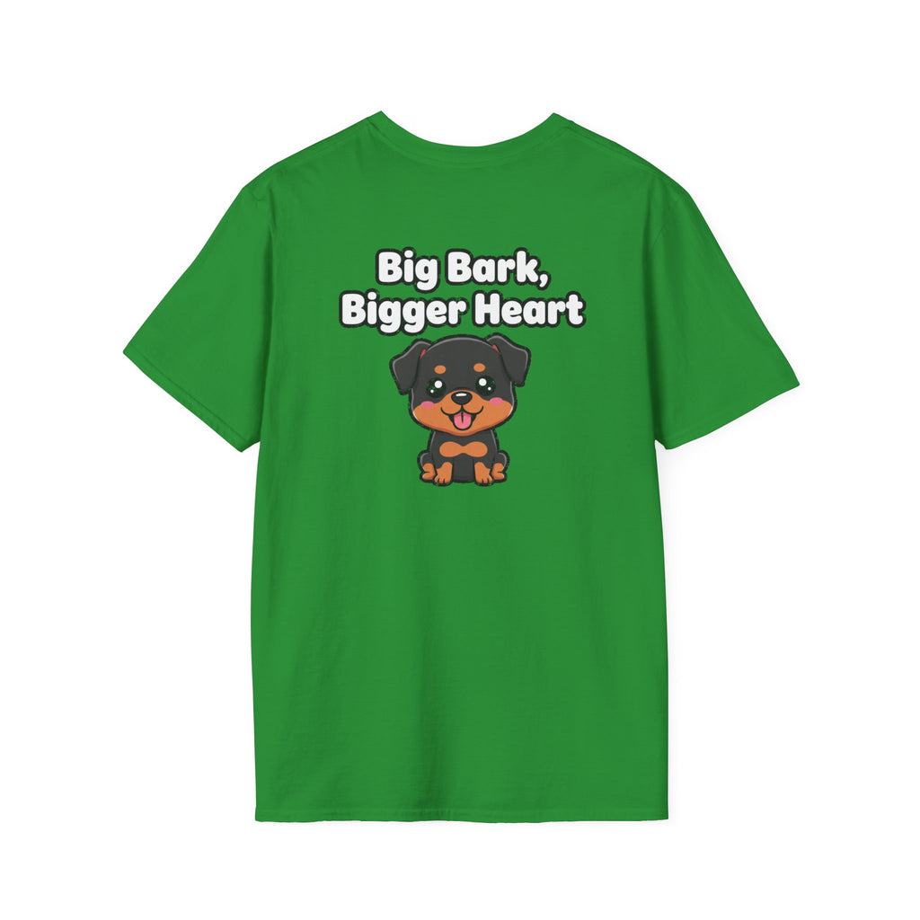 Cute Rottweiler Shirt Big Bark, Bigger Heart Funny Dog Lover Unisex Softstyle Tee Gift
