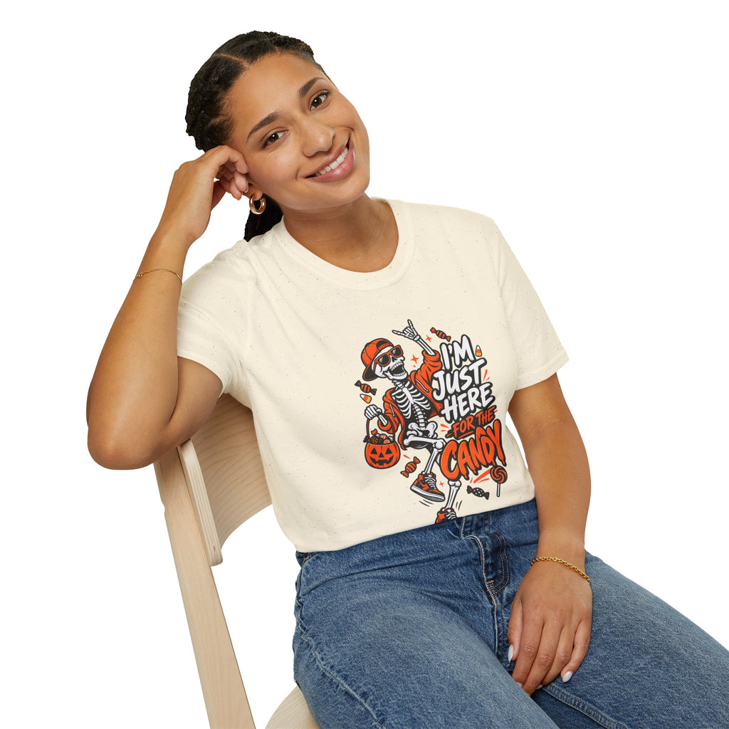 I'm Just Here for the Candy Shirt | Funny Dancing Skeleton Halloween Tee | Dark Humor Graphic T-Shirt