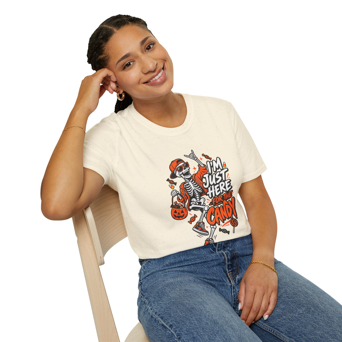 I'm Just Here for the Candy Shirt | Funny Dancing Skeleton Halloween Tee | Dark Humor Graphic T-Shirt