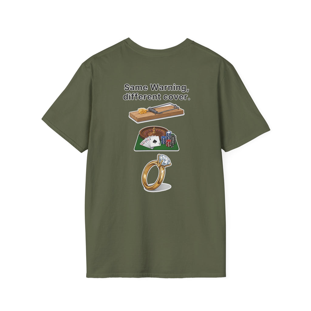 Funny Marriage T-Shirt Same Warning Different Cover Mousetrap Casino Ring Wedding Humor Shirt Groom Bachelor Party Tee