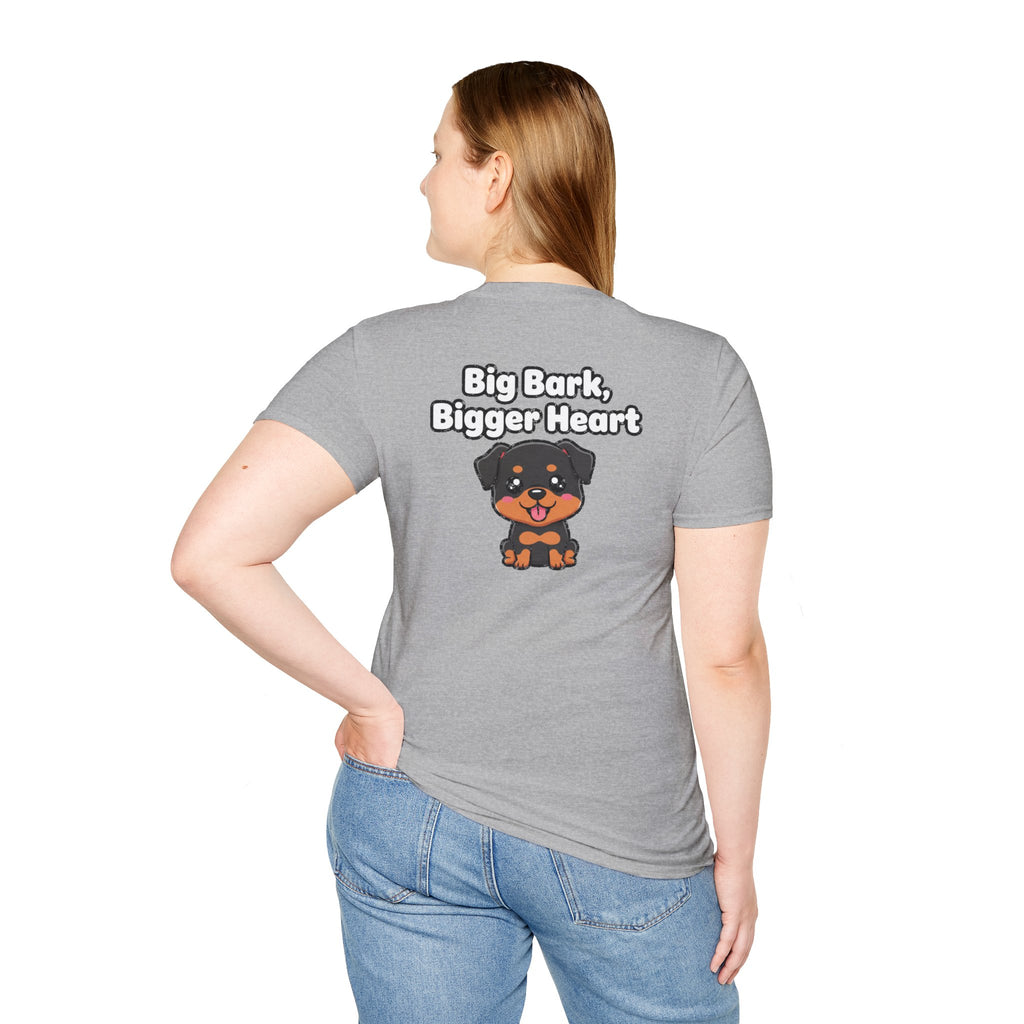 Cute Rottweiler Shirt Big Bark, Bigger Heart Funny Dog Lover Unisex Softstyle Tee Gift