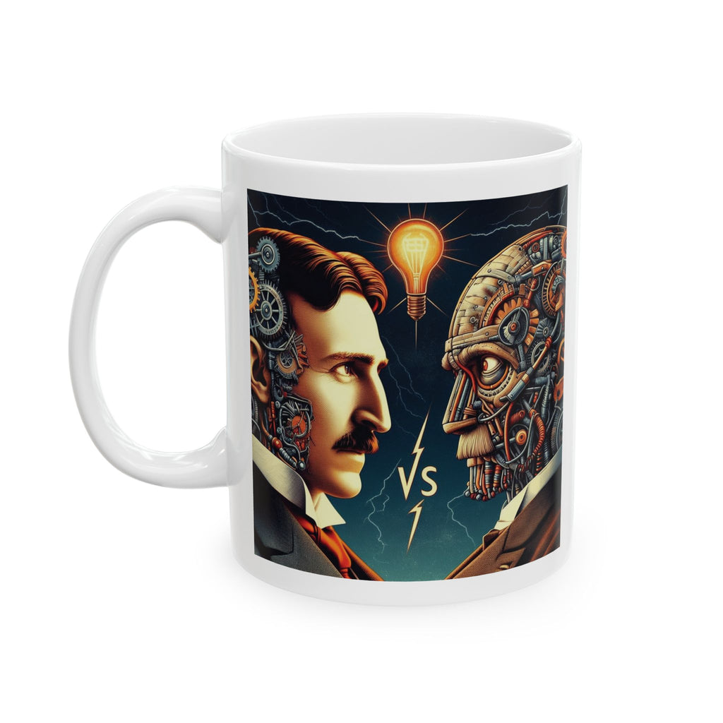 Funny Nikola Tesla vs Robot Mug Illustrated Ceramic Tea Coffee Cup Unique Gift 11oz