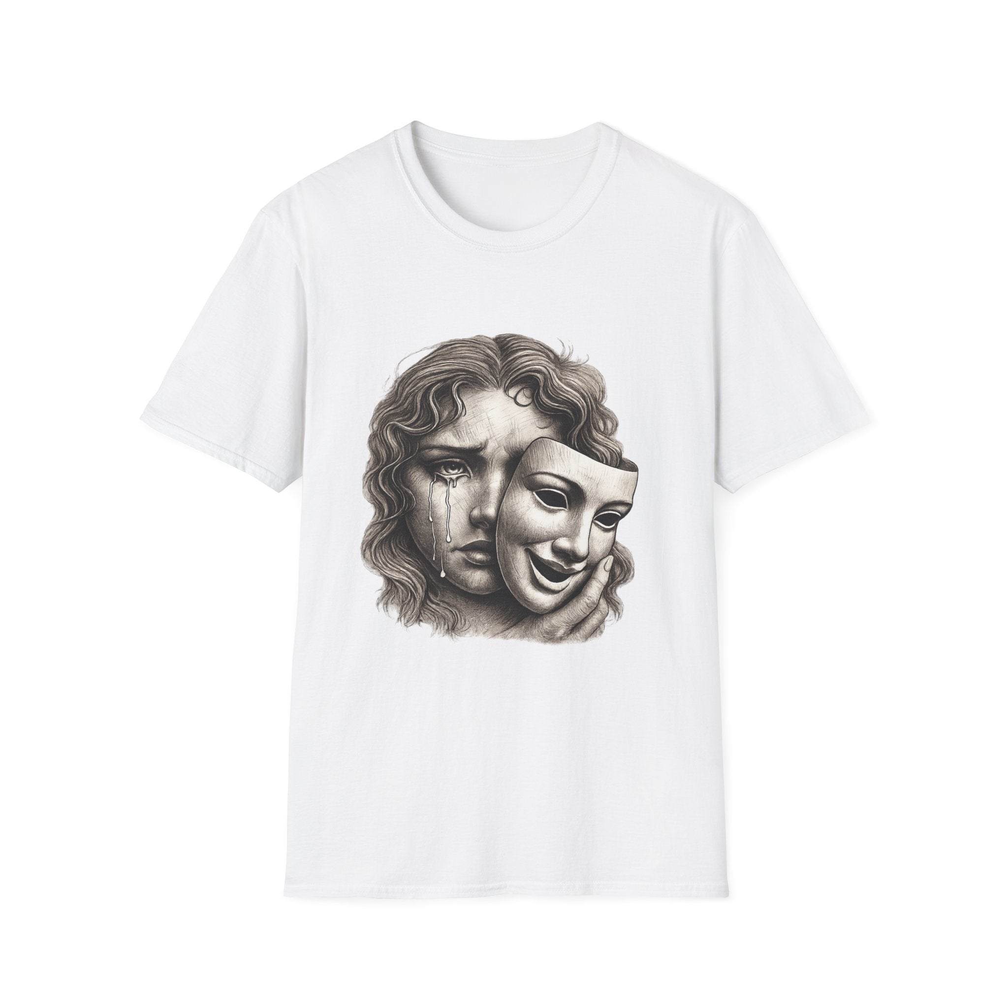 Crying Woman Mask Art T-Shirt | Hidden Emotions Sketch Graphic Tee Unisex Unisex Softstyle T-Shirt