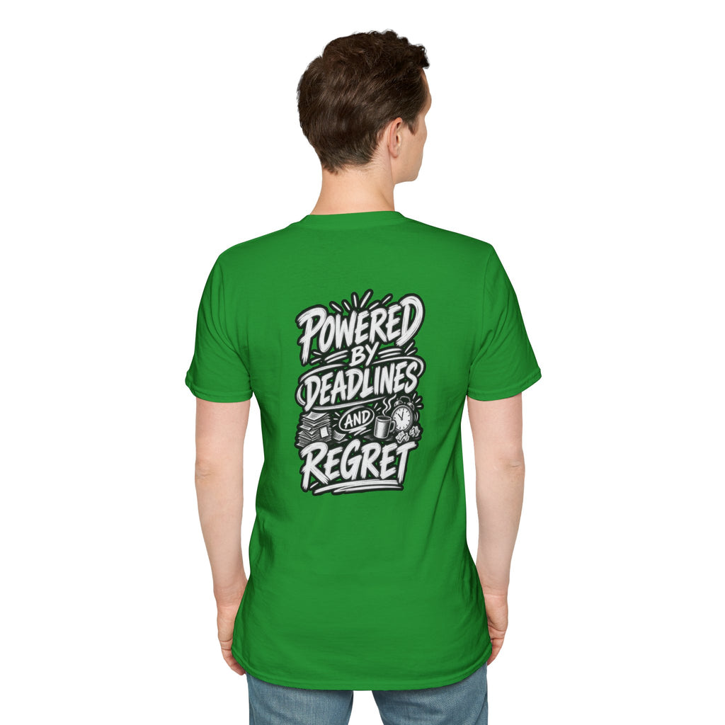 Funny Dark Humor Shirt Powered by Deadlines and Regret Funny Office Tee Unique Coworker Gift