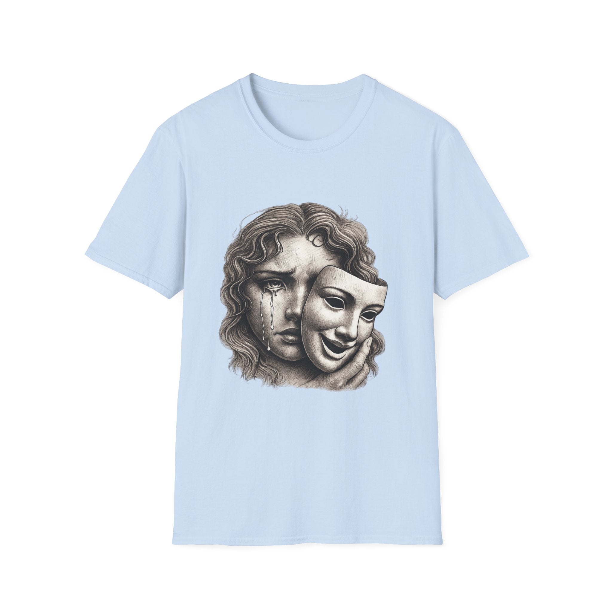 Crying Woman Mask Art T-Shirt | Hidden Emotions Sketch Graphic Tee Unisex Unisex Softstyle T-Shirt