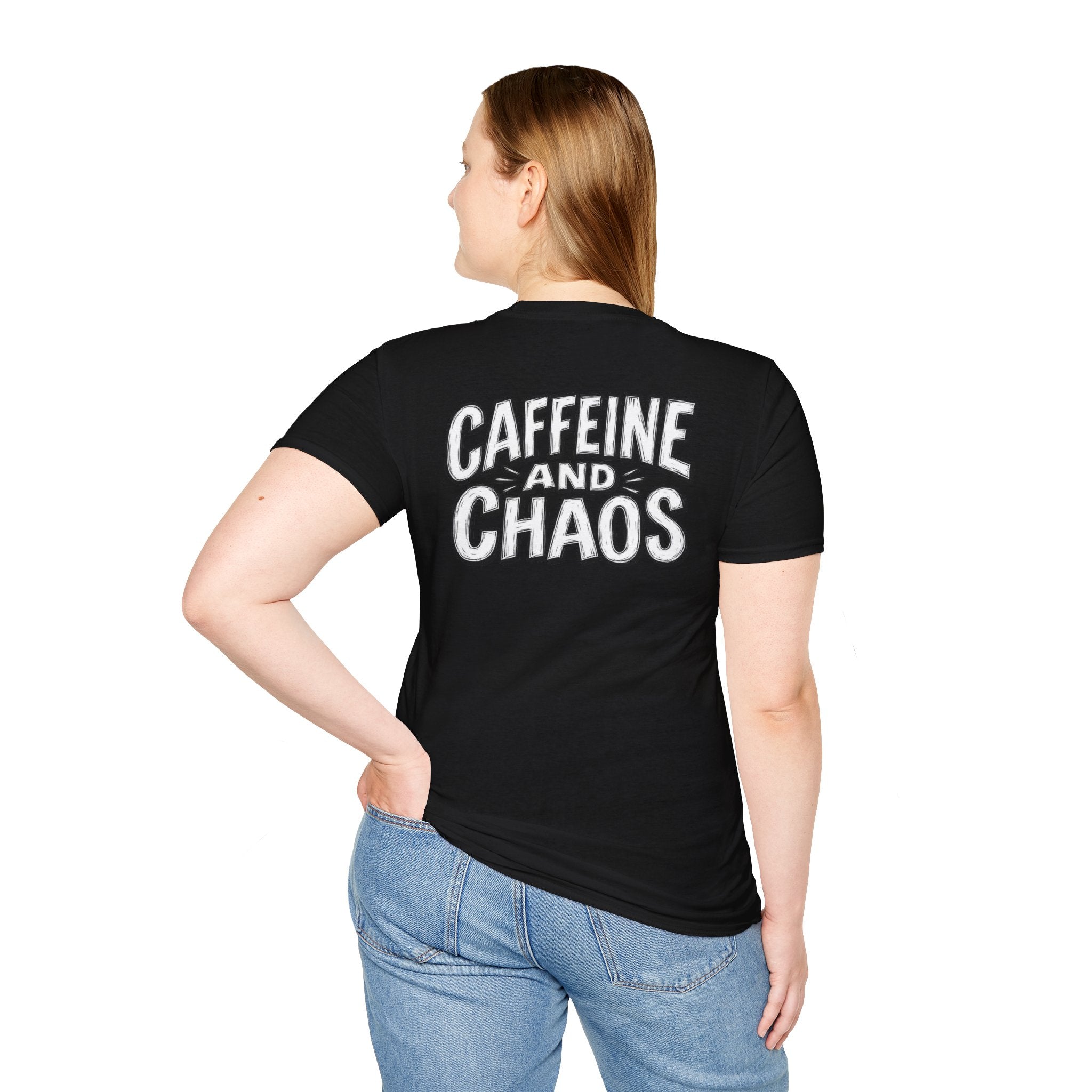 Funny Caffeine and Chaos Shirt Coffee Lover Graphic Tee Dark Humor Tshirt Funny Office Tshirt