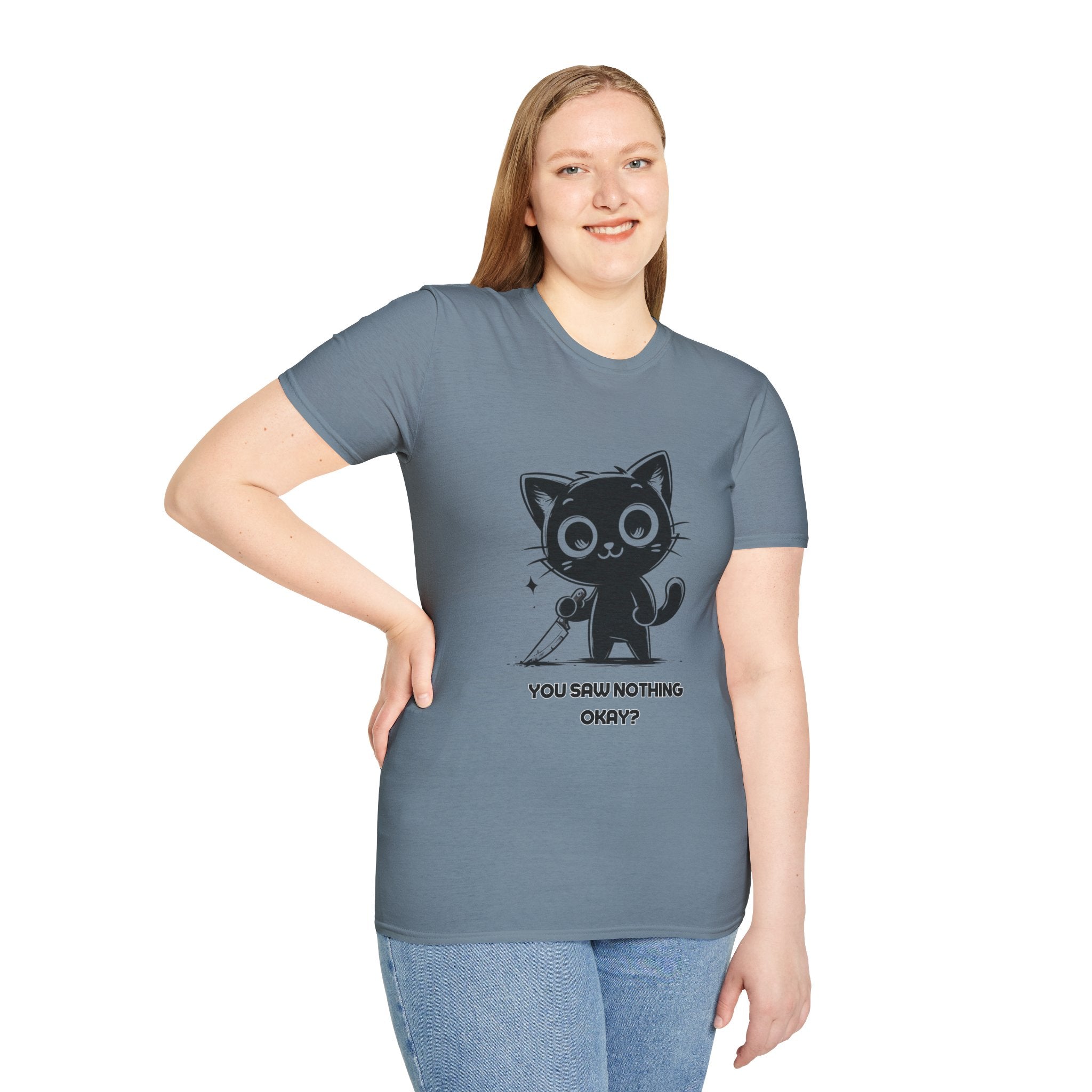 Women's and Men's Funny Cat T-shirt you saw nothing cat with bloody knife Halloween tee Soft Unisex Tshirt Gift for Her