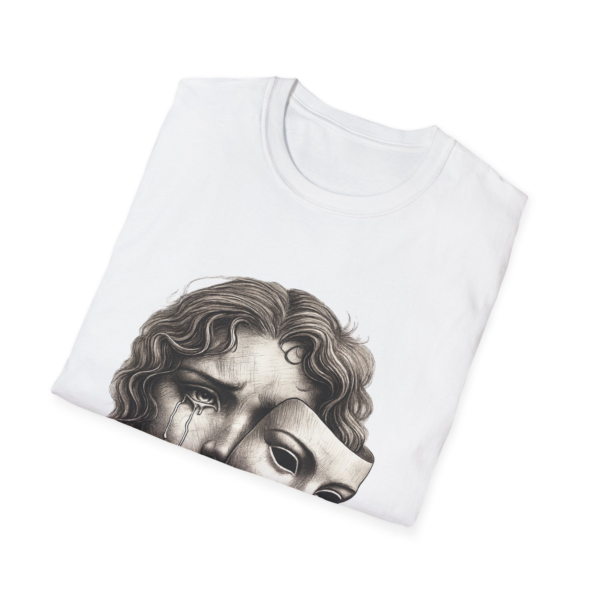 Crying Woman Mask Art T-Shirt | Hidden Emotions Sketch Graphic Tee Unisex Unisex Softstyle T-Shirt