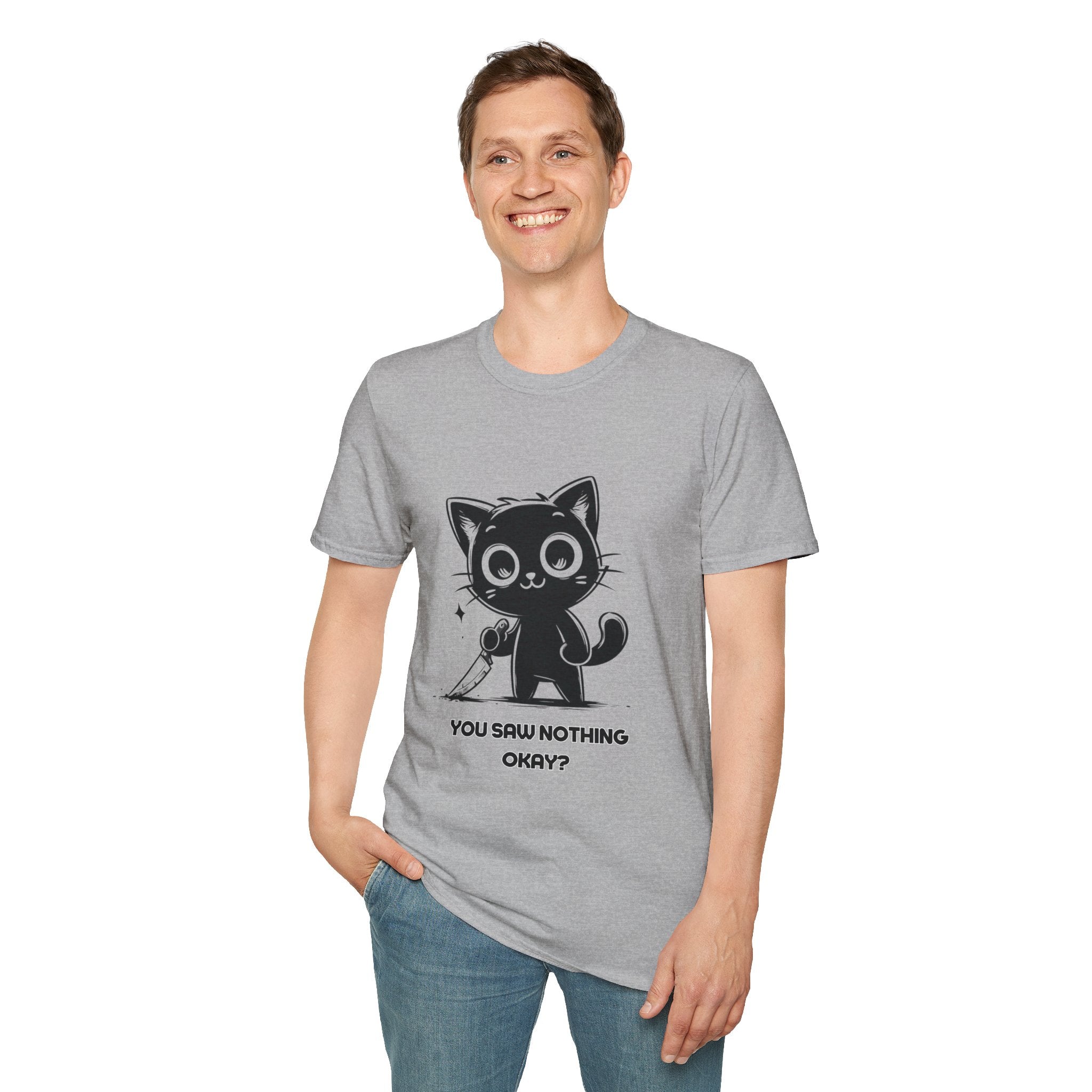 Women's and Men's Funny Cat T-shirt you saw nothing cat with bloody knife Halloween tee Soft Unisex Tshirt Gift for Her