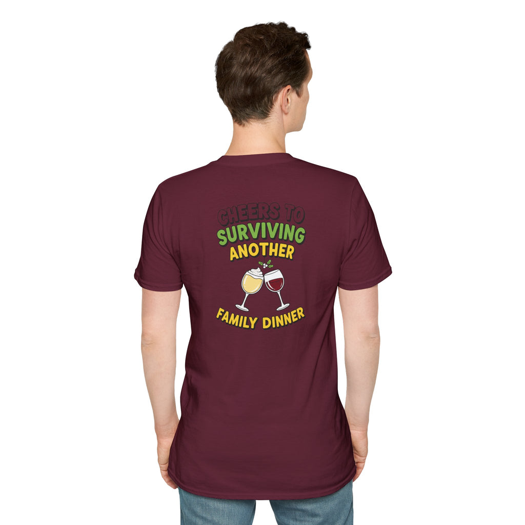 Dark Humor Christmas Shirt Cheers To Surviving Another Family Dinner Funny Sarcastic Unisex Softstyle Tee Adult Christmas Gift