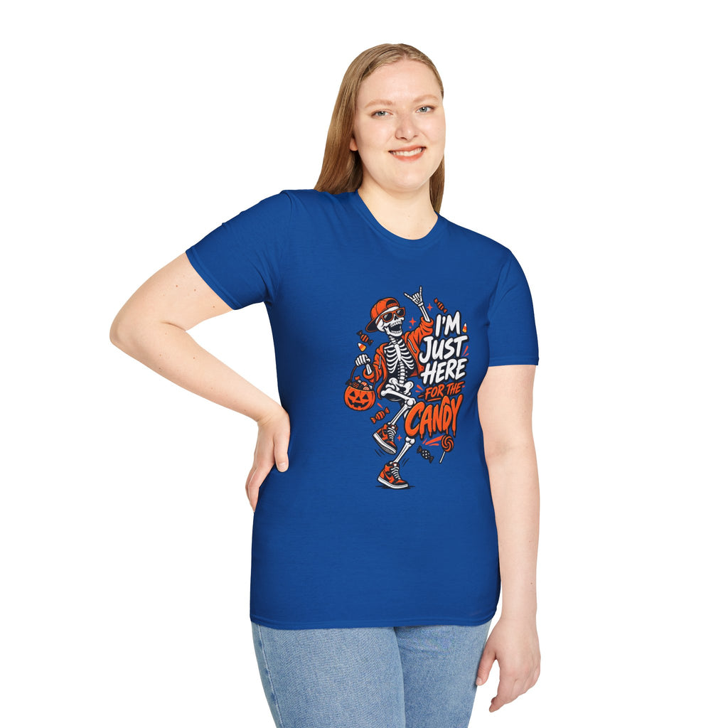 I'm Just Here for the Candy Shirt | Funny Dancing Skeleton Halloween Tee | Dark Humor Graphic T-Shirt