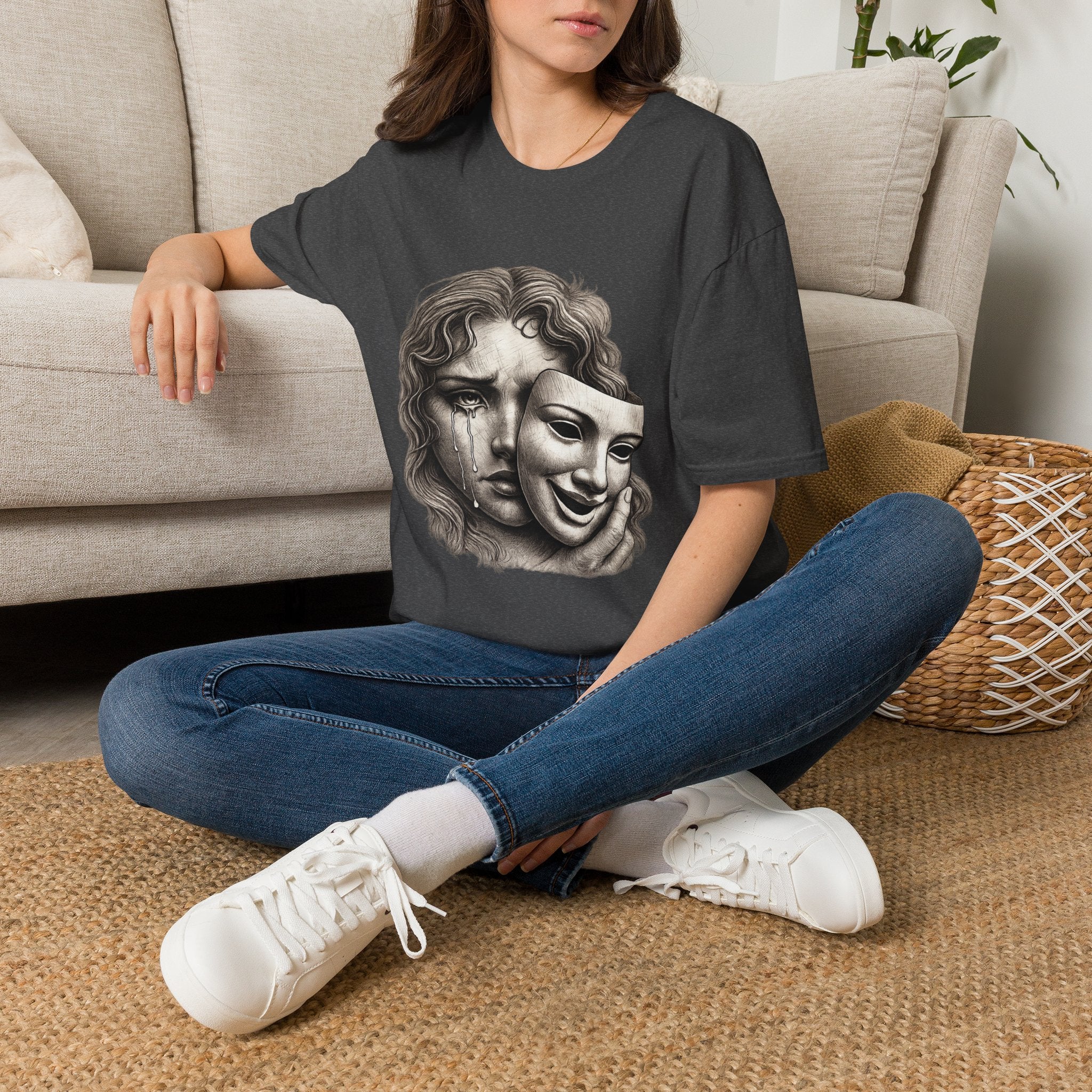 Crying Woman Mask Art T-Shirt | Hidden Emotions Sketch Graphic Tee Unisex Unisex Softstyle T-Shirt