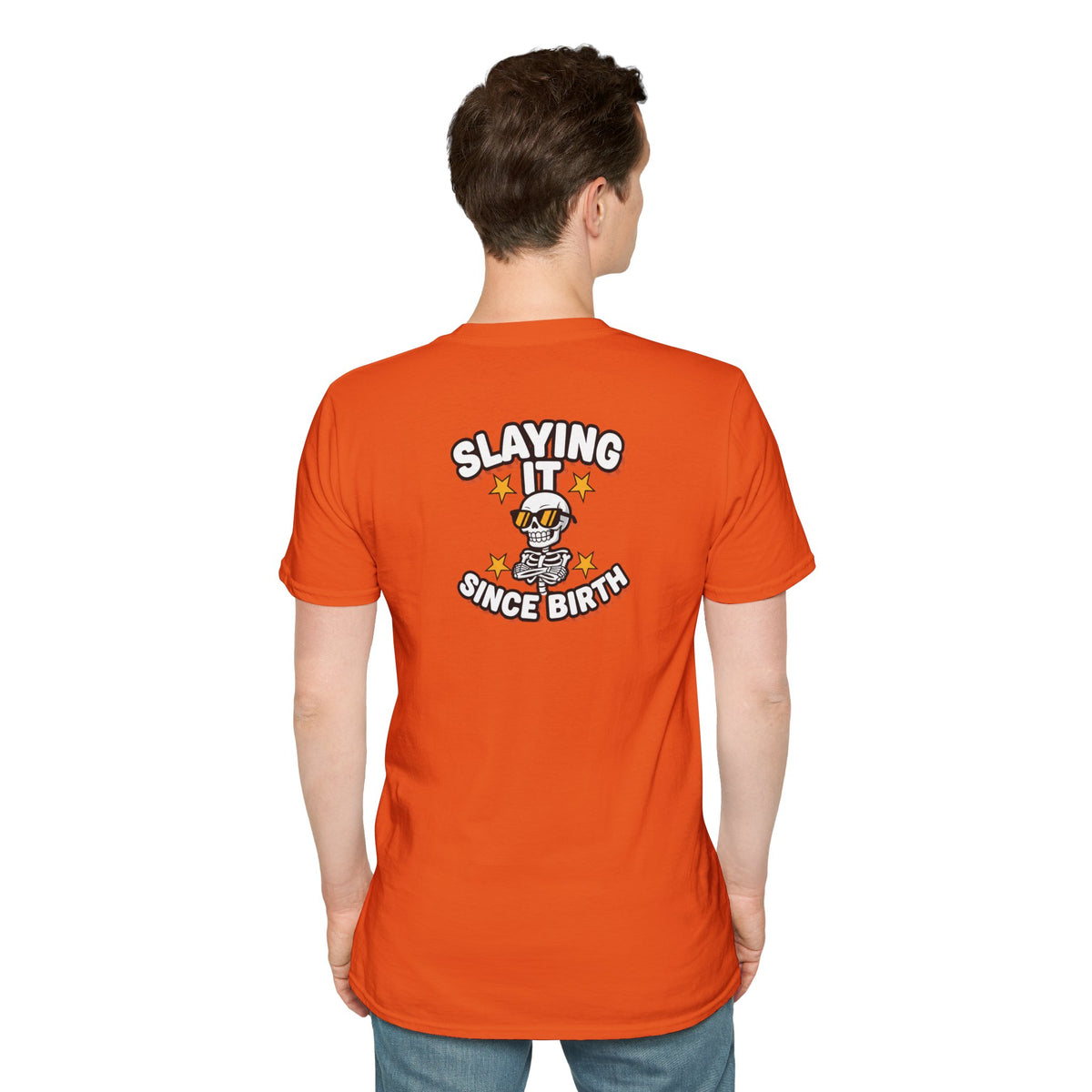Dark Humor Halloween Shirt Slaying It Since Birth Funny Skeleton Sarcastic Unisex Softstyle Tee Adult Halloween Gift