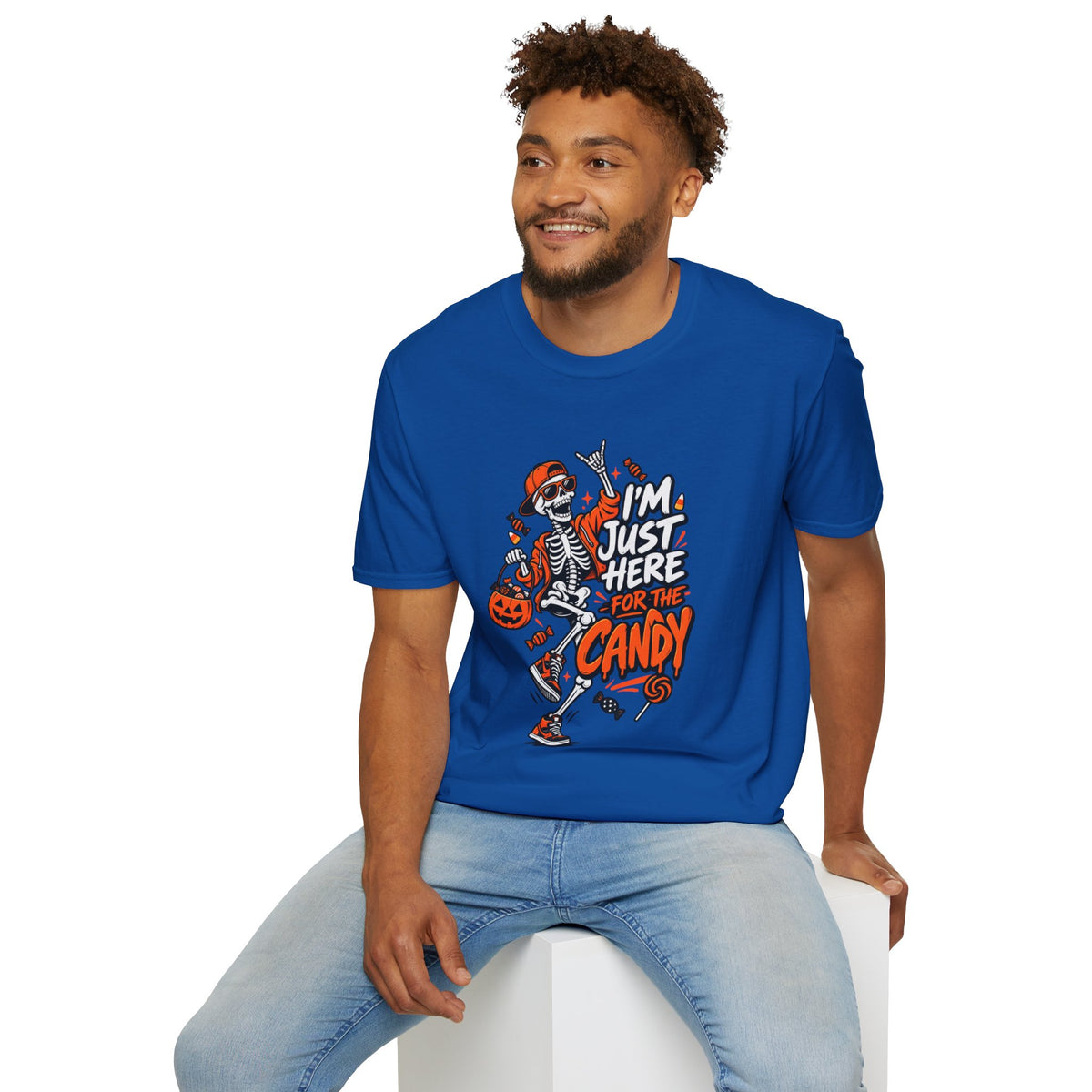 I'm Just Here for the Candy Shirt | Funny Dancing Skeleton Halloween Tee | Dark Humor Graphic T-Shirt
