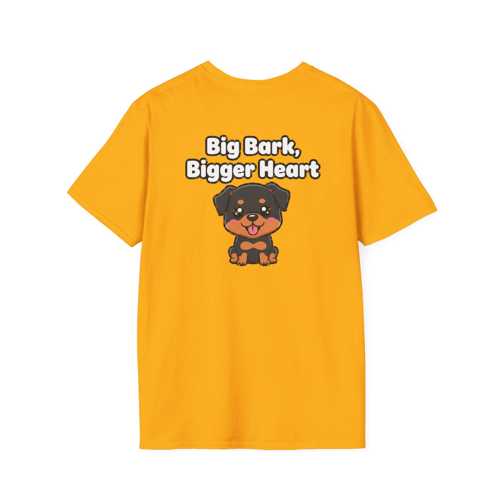 Cute Rottweiler Shirt Big Bark, Bigger Heart Funny Dog Lover Unisex Softstyle Tee Gift