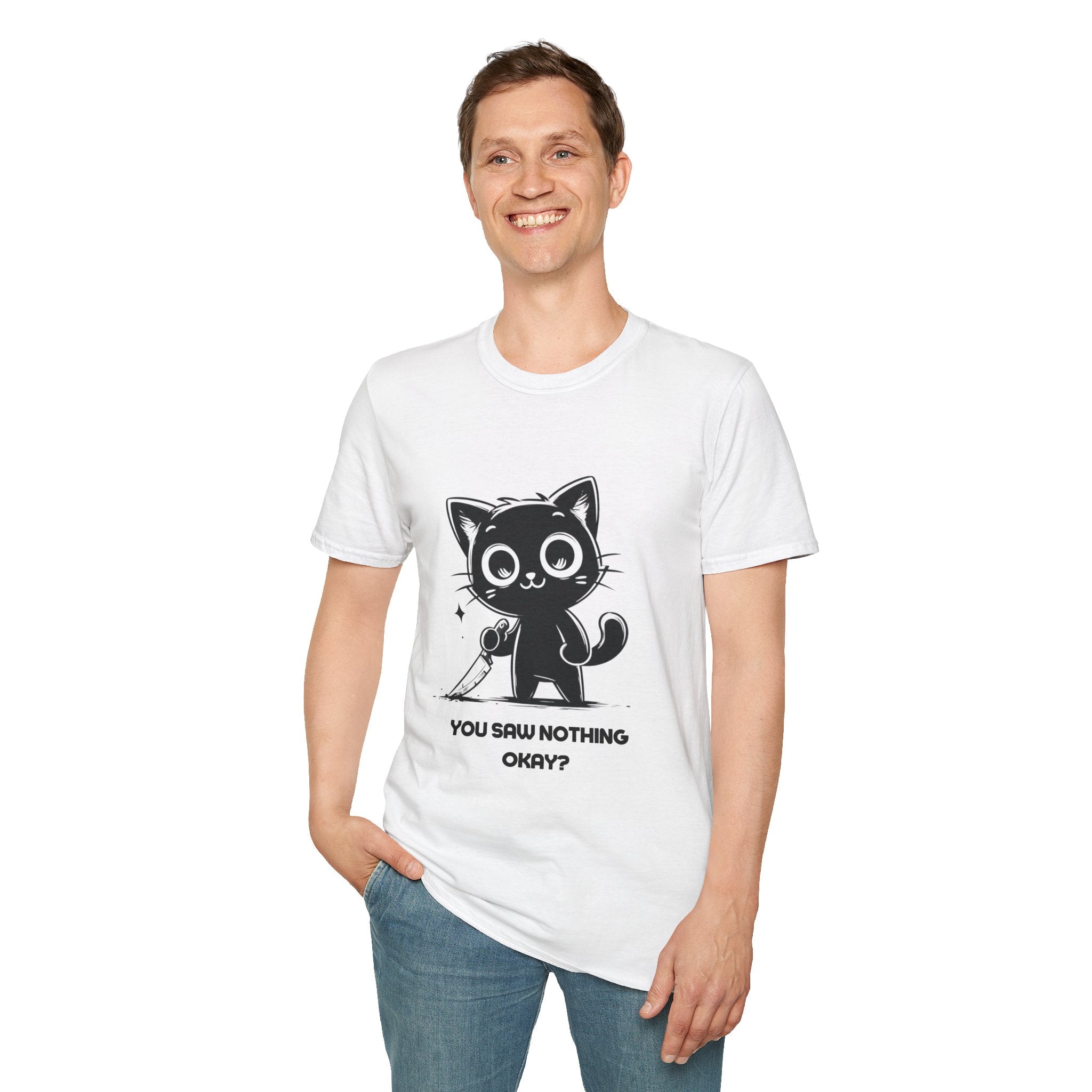 Women's and Men's Funny Cat T-shirt you saw nothing cat with bloody knife Halloween tee Soft Unisex Tshirt Gift for Her