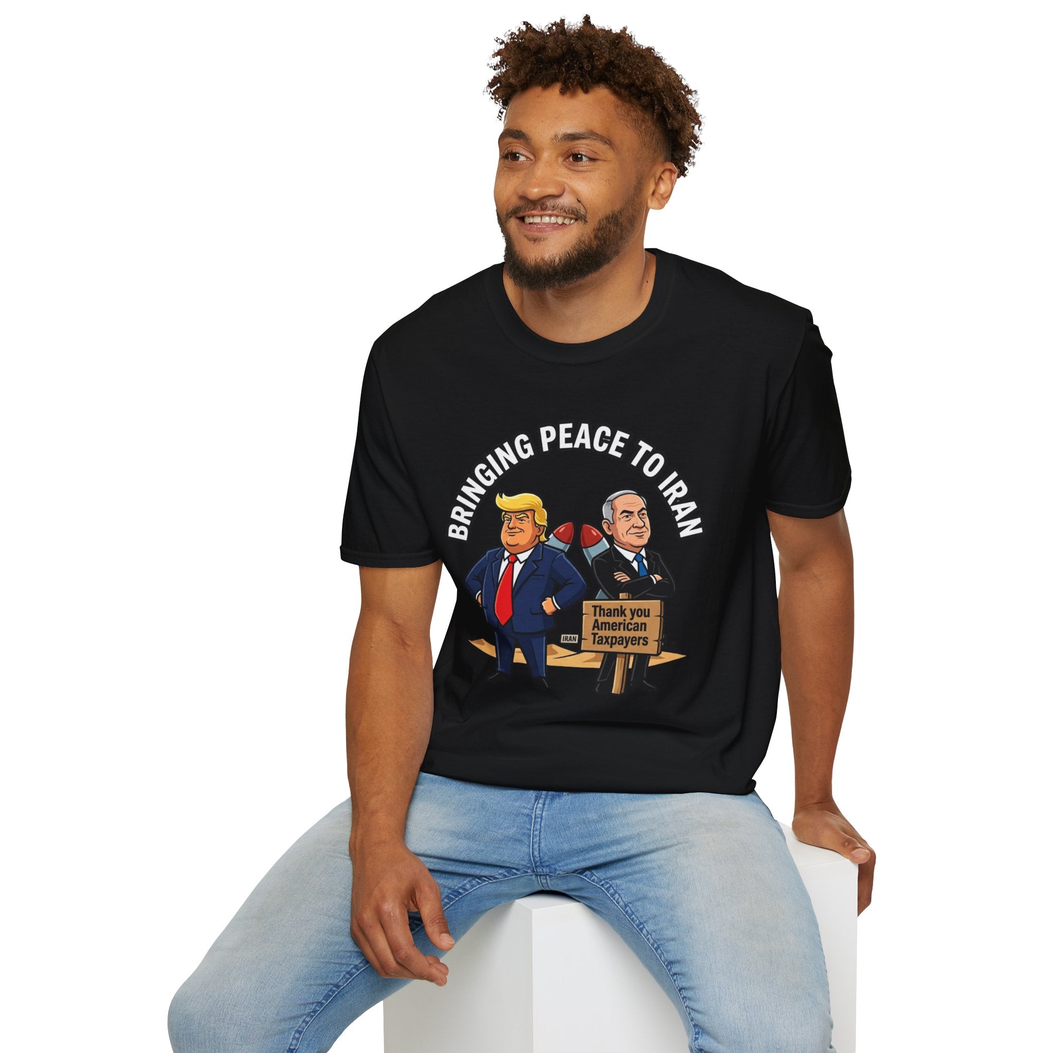 Trump T-Shirt Benjamin Netanyahu Iran War Satiric Mens Unisex Softstyle T-Shirt