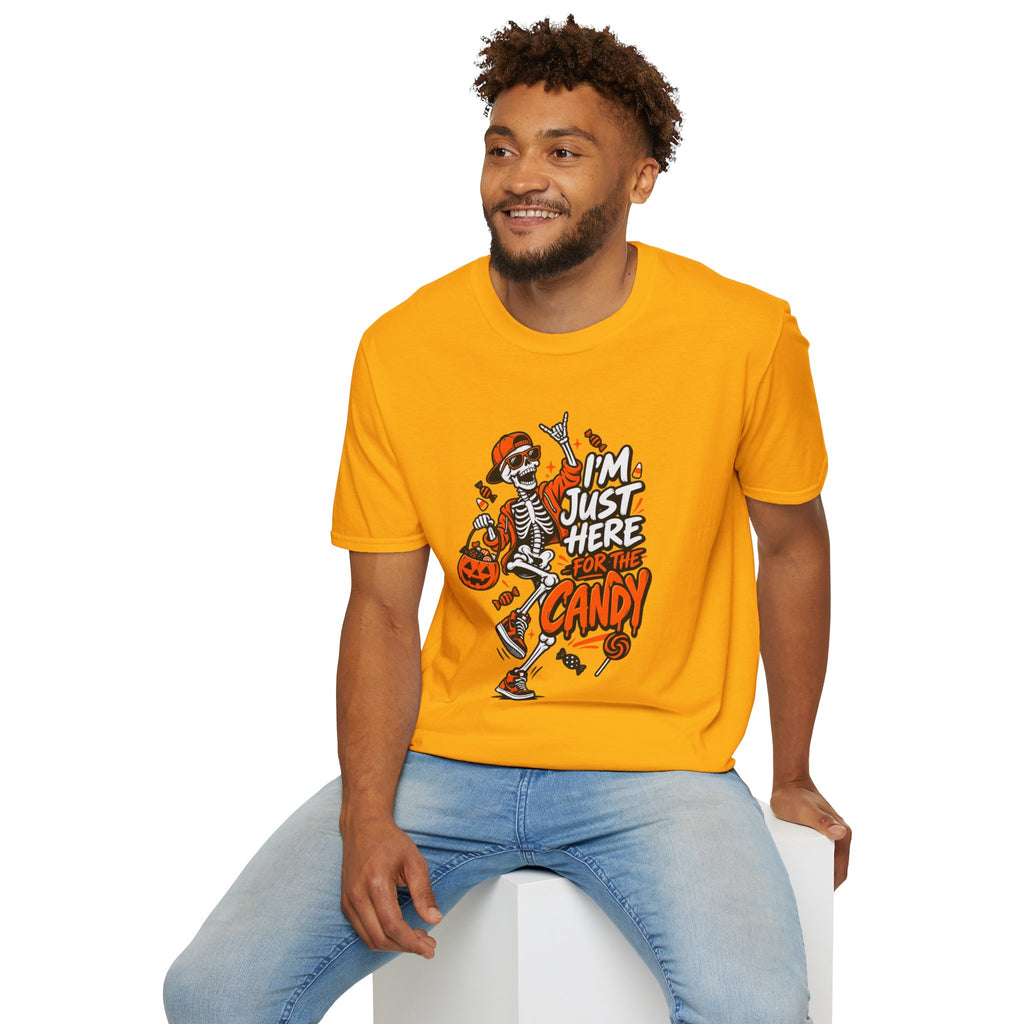 I'm Just Here for the Candy Shirt | Funny Dancing Skeleton Halloween Tee | Dark Humor Graphic T-Shirt